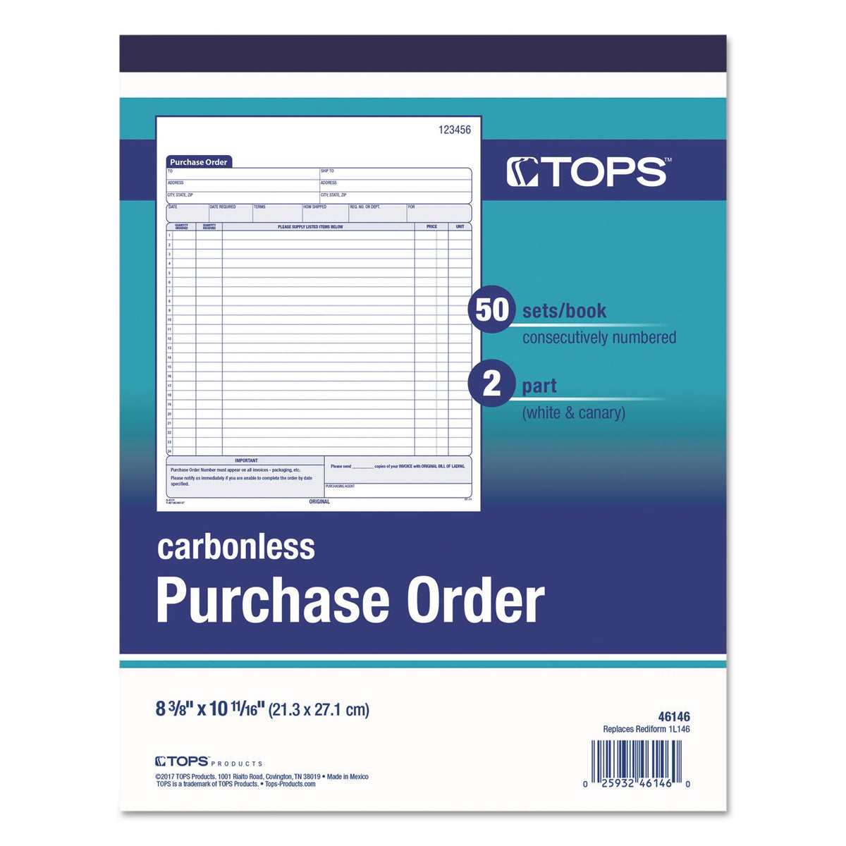 TOPS Purchase Order Book, Two-Part Carbonless,  8.38 x 10.19, 1/Page, 50 Forms