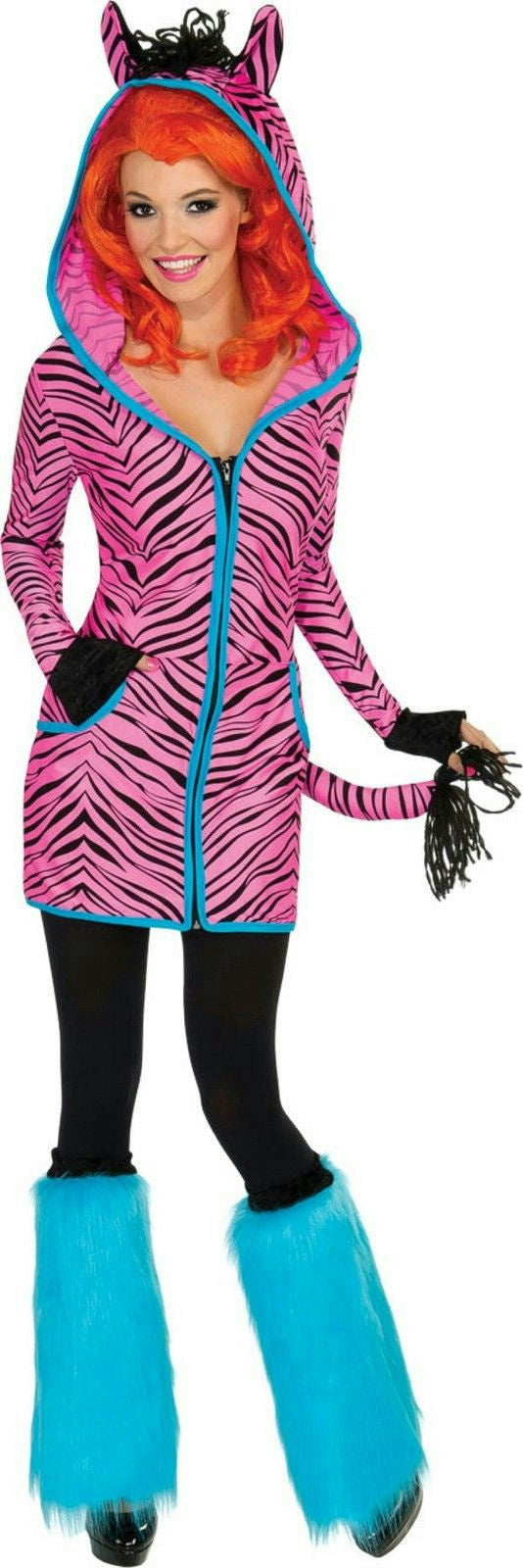 Women's Bright Pink and Black Zebra Hoodie Dress Adult Costume Small