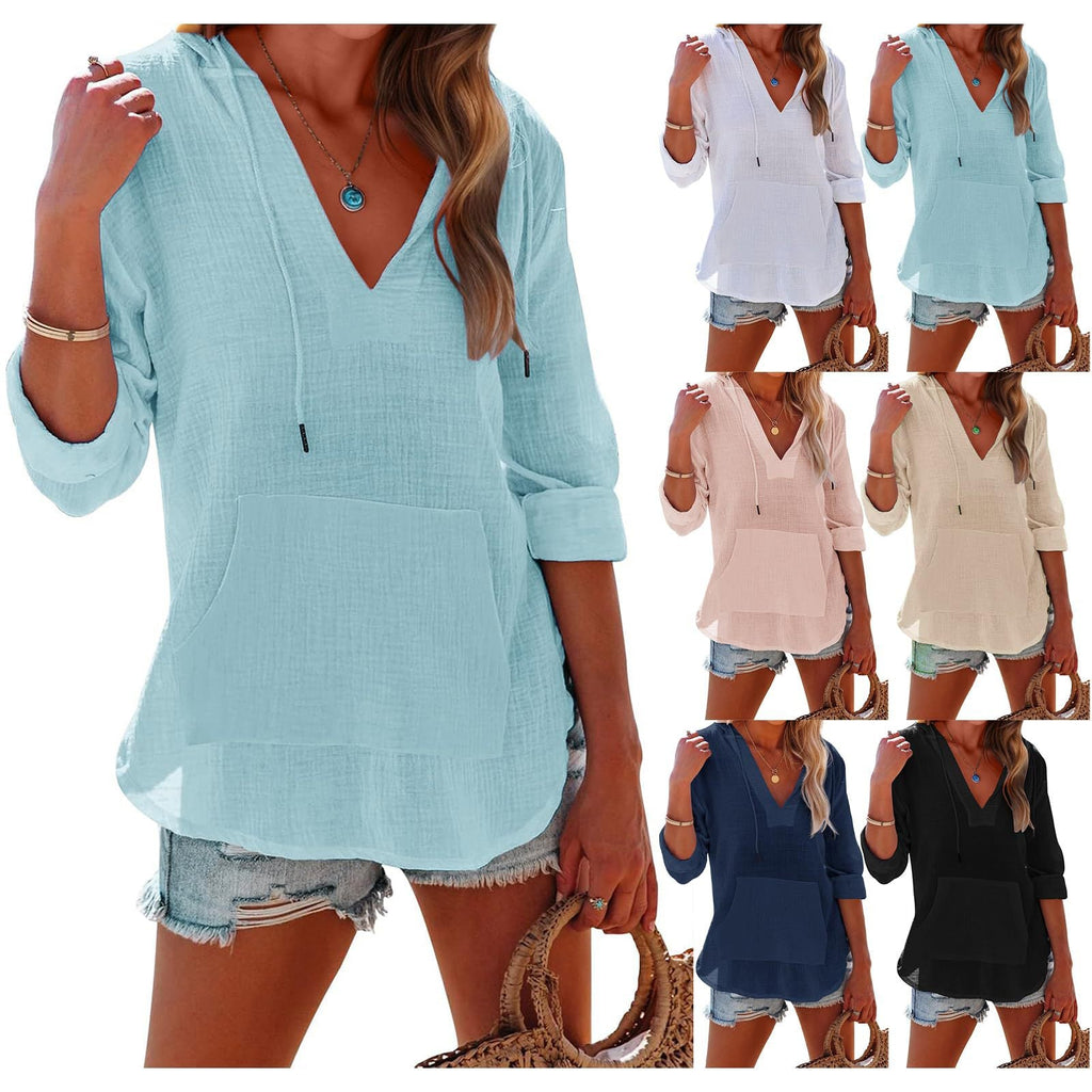 Women’s V-Neck Hooded Top with Pockets – Long Sleeve Split Hem