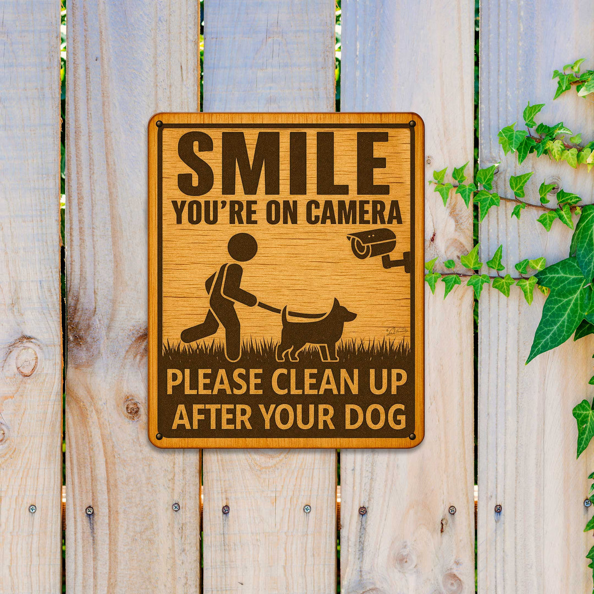 Smile You’re on Camera Wooden Sign – Clean Up After Your Dog – Handcrafted Outdoor Yard Sign by Designocracy – Rustic Pet Warning Sign - 961066