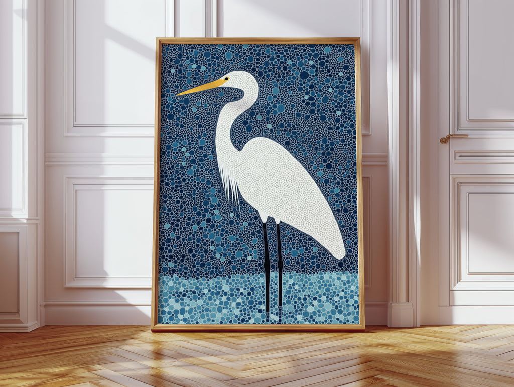Elegant White Egret – Mosaic-Inspired Bird Wall Art
