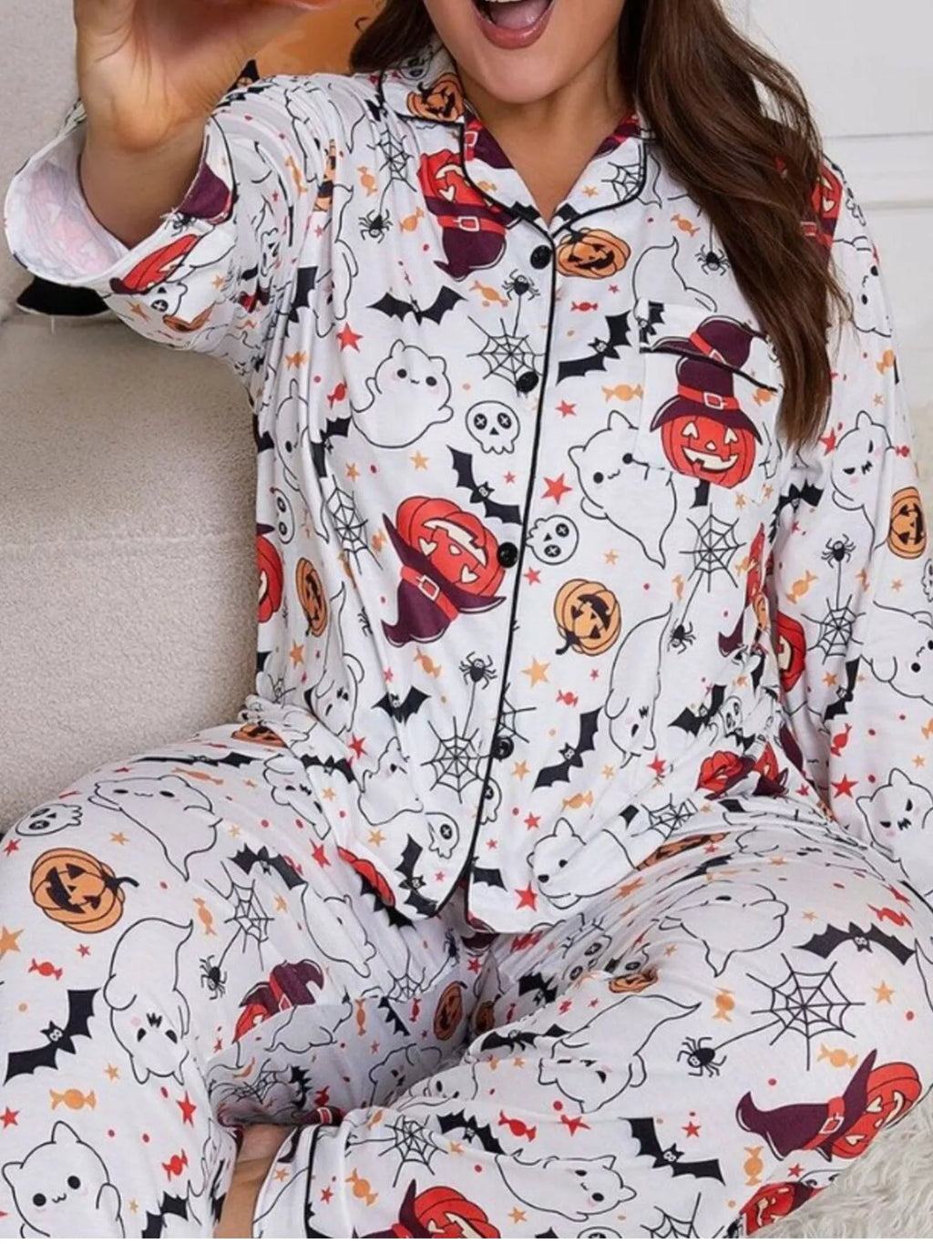 Halloween Ghost and Pumpkin Print Top and Pants Lounge Set
