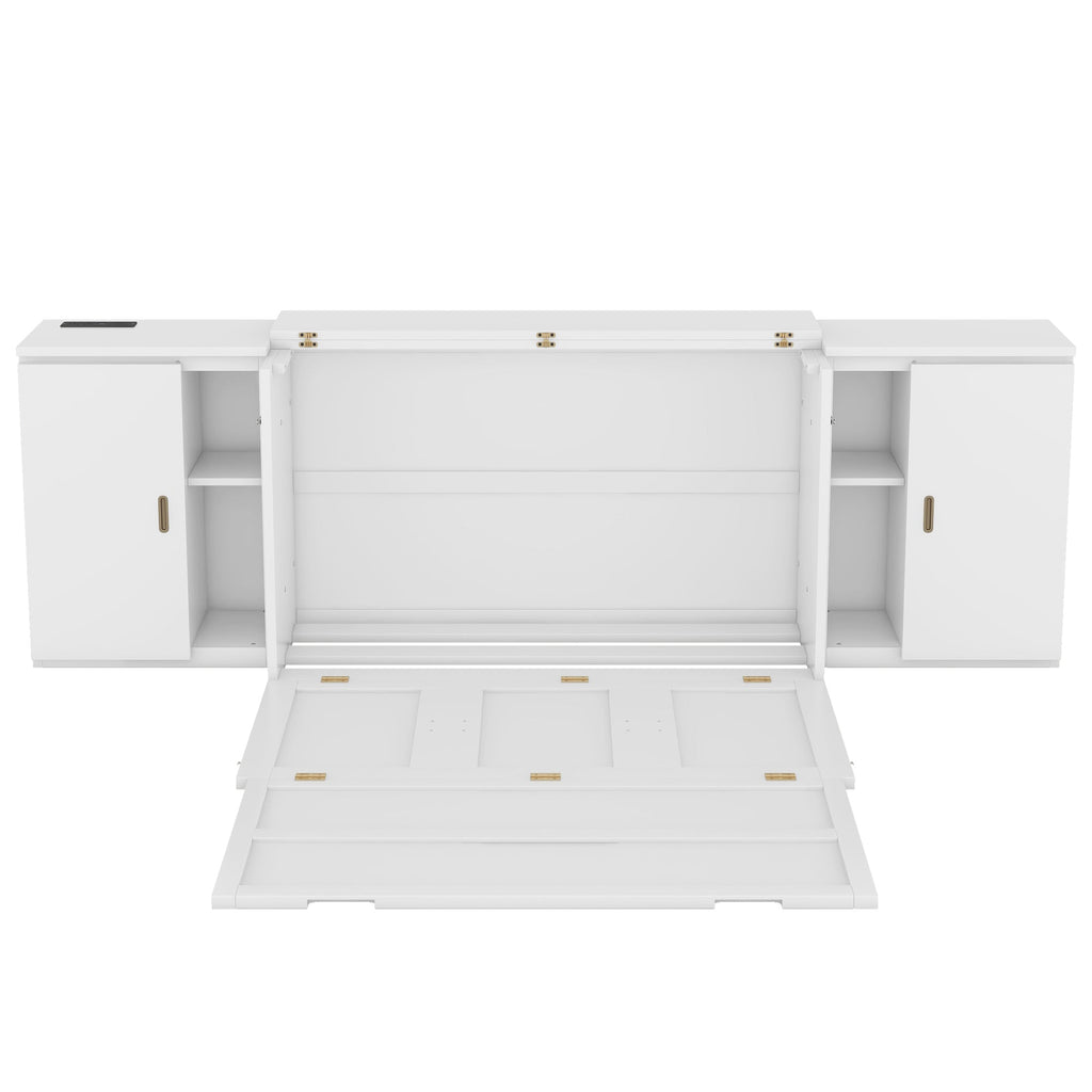 Full Size Murphy Bed with Shelves, Cabinets and USB Ports,White