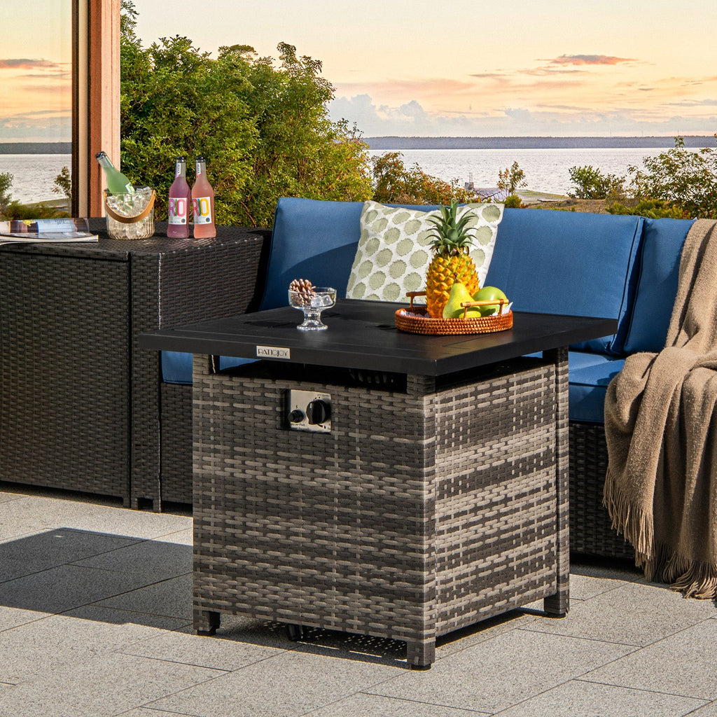 29 Inch Propane Rattan Firepit Table with Lava Rocks and Protective Cover-Gray