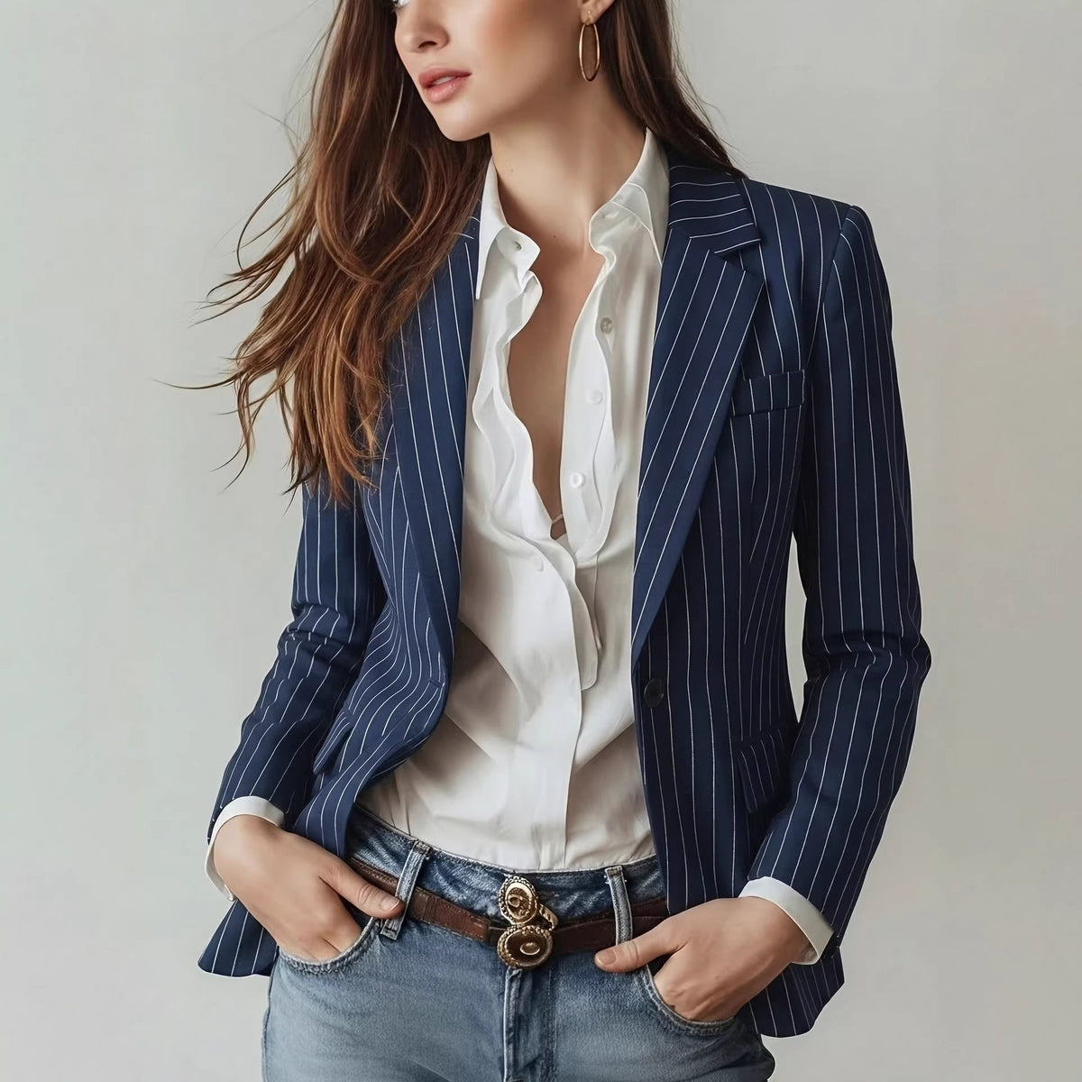 Navy Blue Striped Waist-Cinching Slimming Single-Buckle Petite Blazer For Women