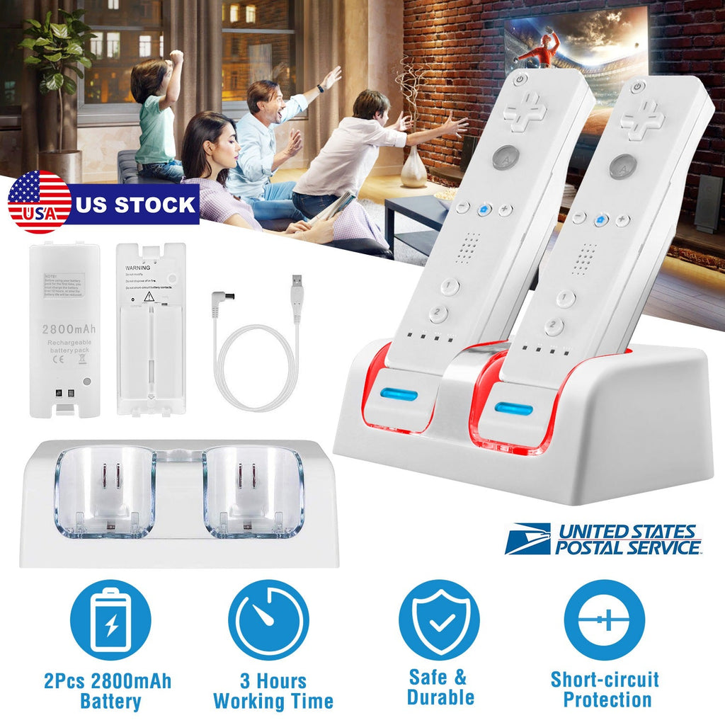 For Wii Remote Controller Charger Dual Charge Dock with Two 2800mAh Rechargeable Batteries