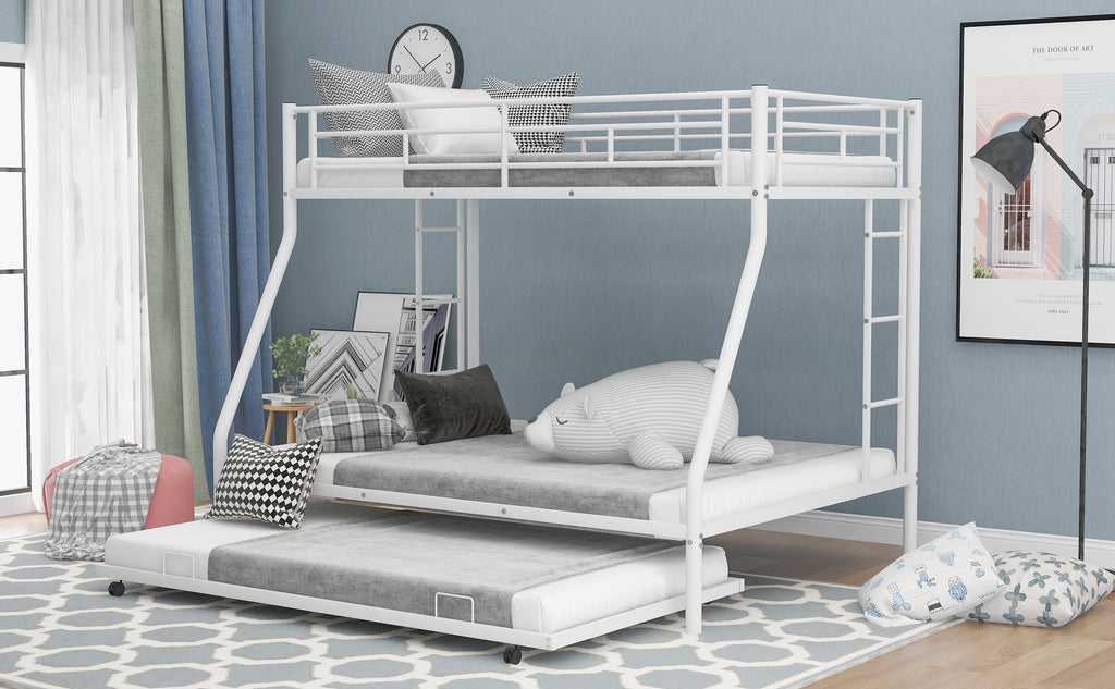 Twin over Full Bed with Sturdy Steel Frame Bunk Bed with Twin Size Trundle  Two-Side Ladders  White