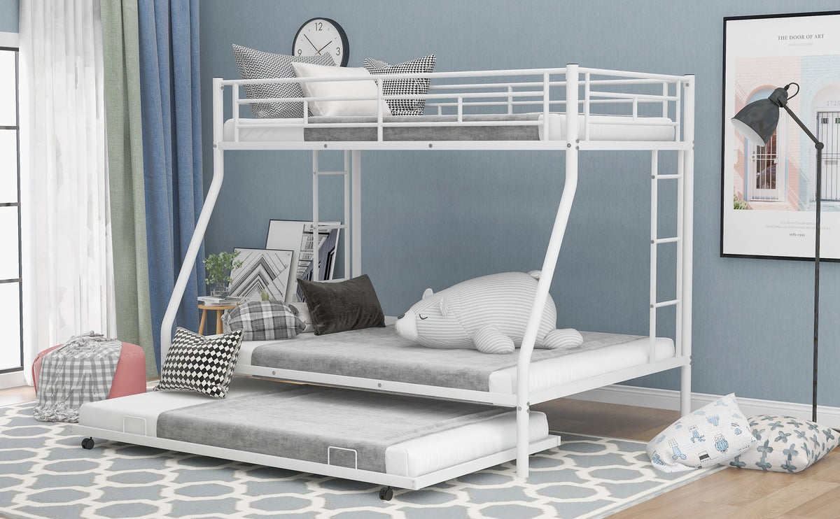 Twin over Full Bed with Sturdy Steel Frame Bunk Bed with Twin Size Trundle  Two-Side Ladders  White