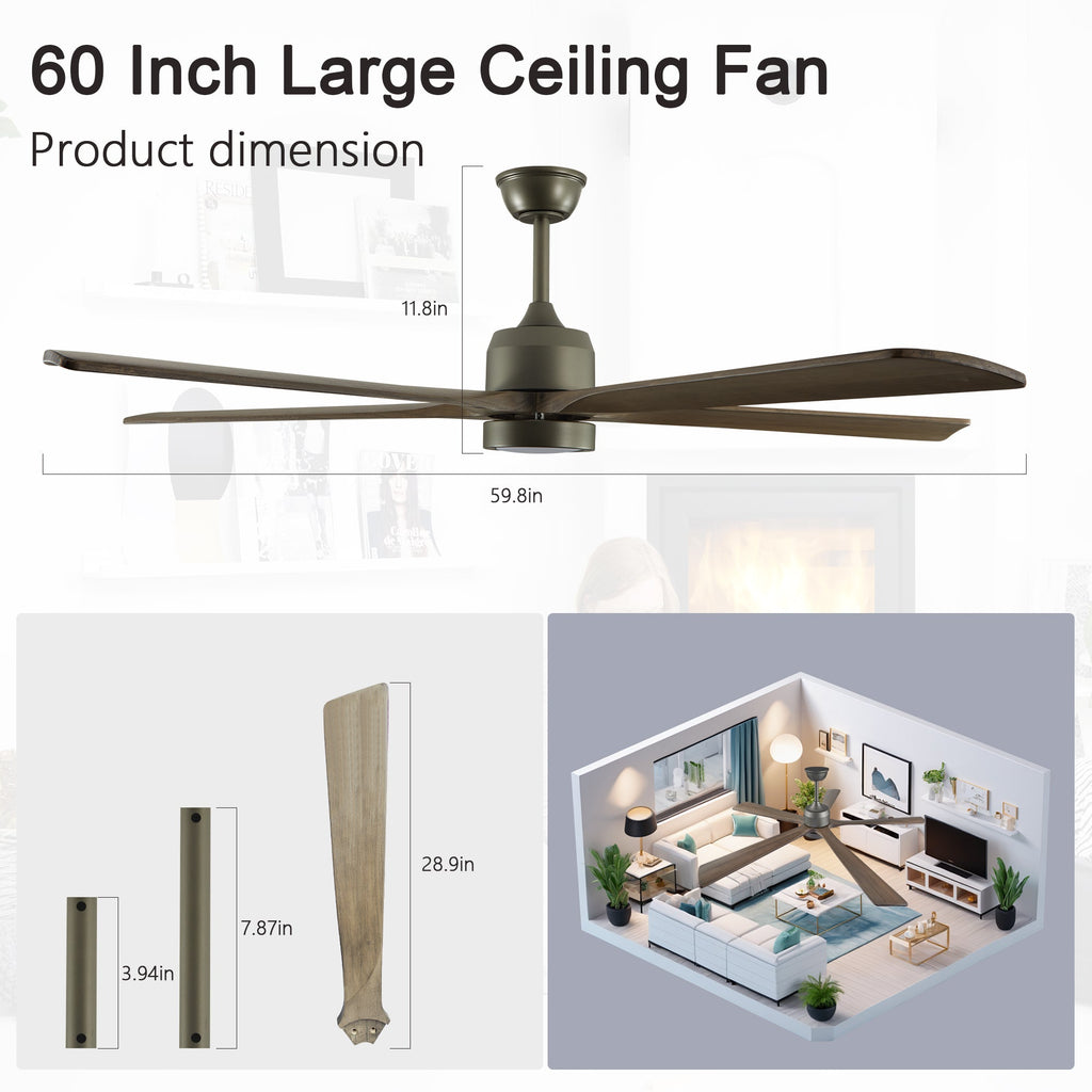 60 "modern wooden ceiling fan with lighting and remote control, 6-speed noiseless reversible DC motor ceiling fan