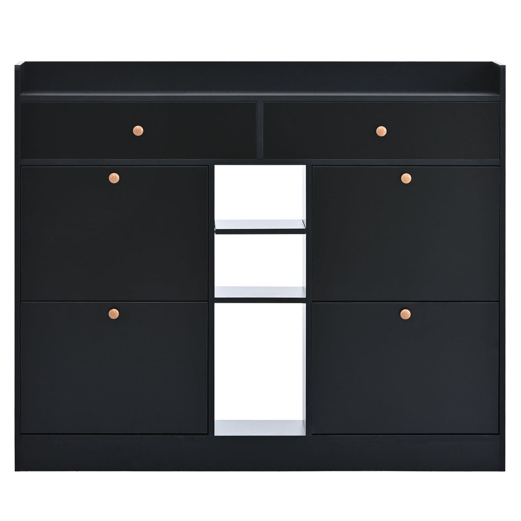 ONTREND modern shoe cabinet with 4 flipped drawers, multifunctional double-layer shoe storage with drawers, black.