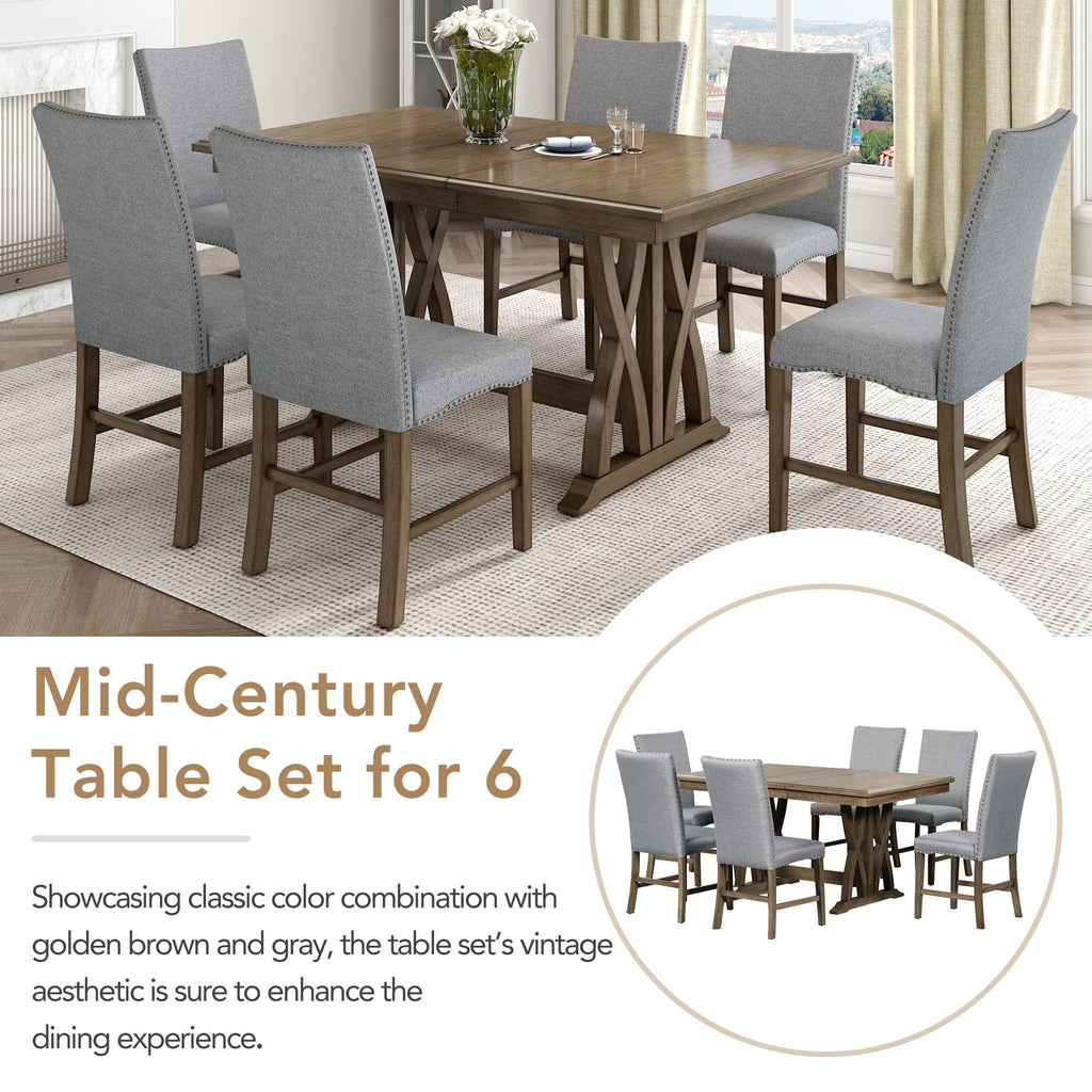 TOPMAX Mid Century Solid Wood 7-Piece Expandable Dining Table Set with Soft Cushioned Chair, Gold Brown+Gray Cushions