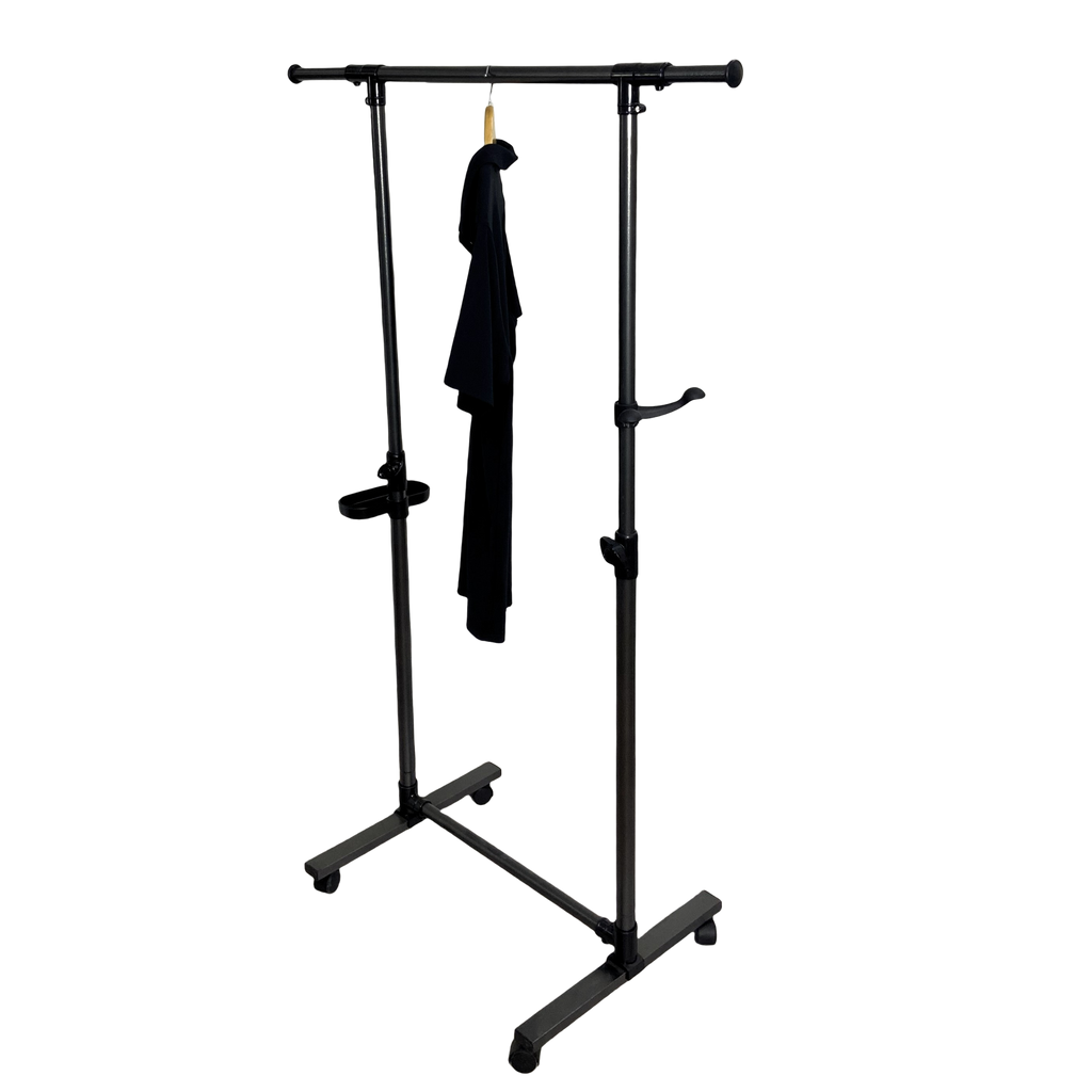 Short clothes hanger with chassis and wheels, heavy-duty rolling clothes hanger, black
