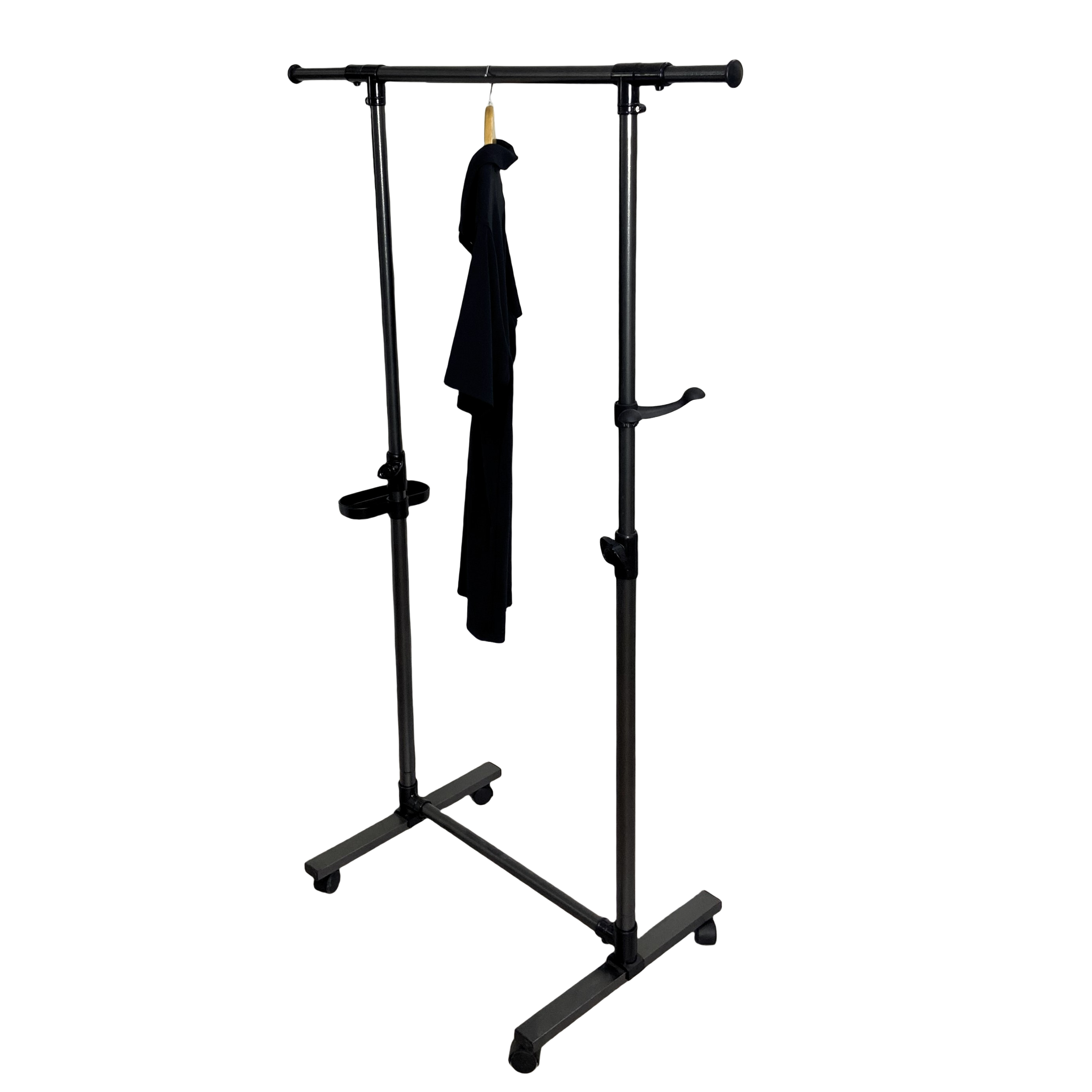 Short clothes hanger with chassis and wheels, heavy-duty rolling clothes hanger, black