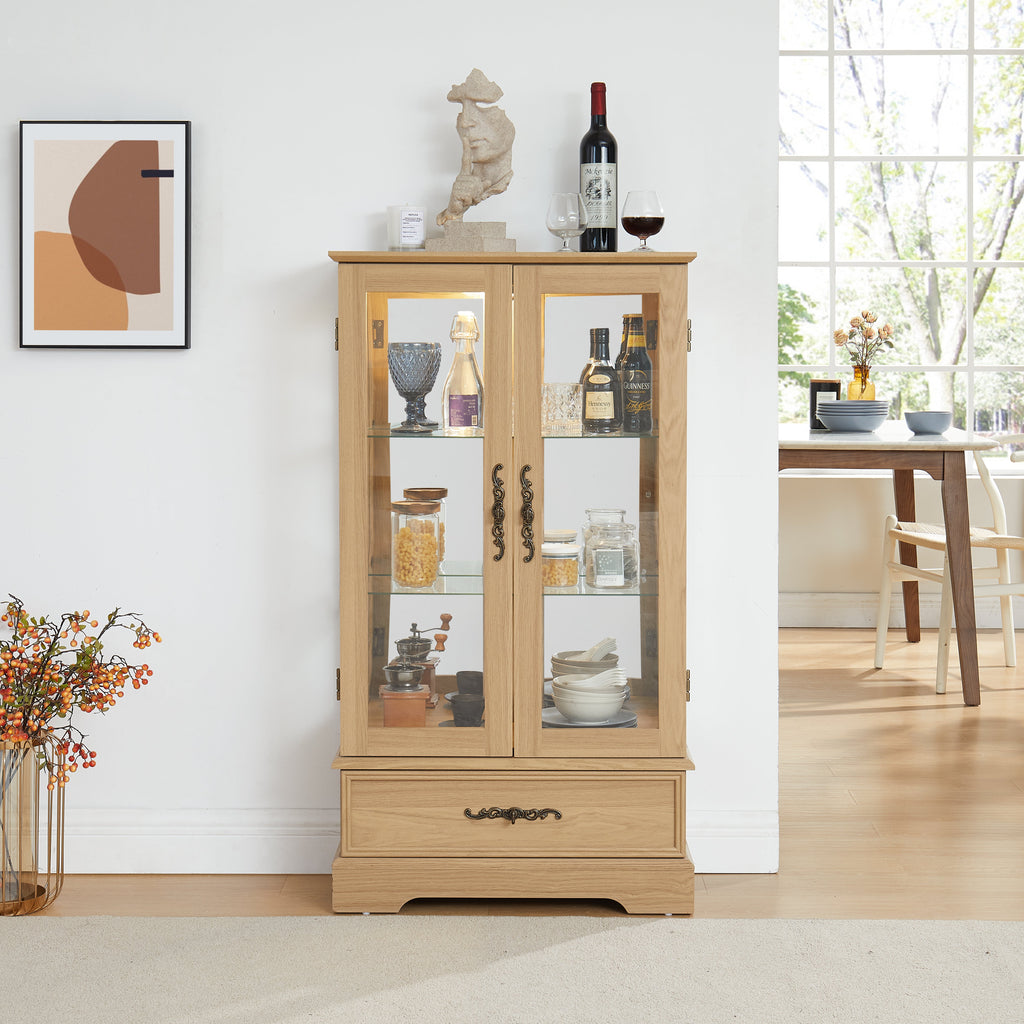 Light colored glass cabinet with adjustable glass frame, including cabinet light bulbs OAK with 2 doors and 1 drawer