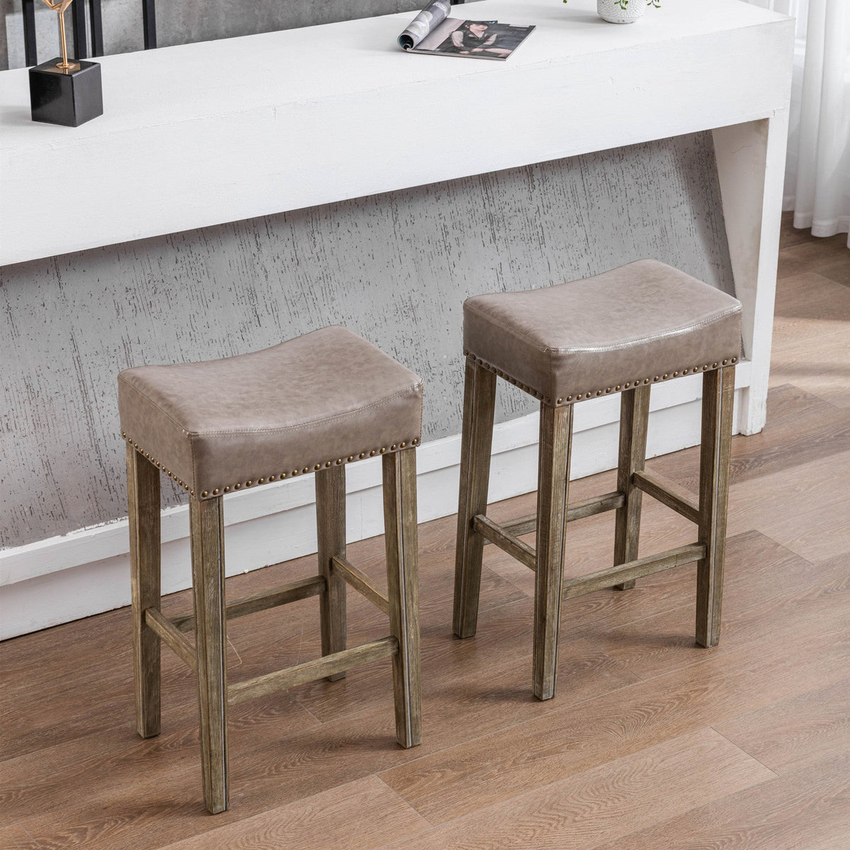 Counter Height 29" Bar Stools for Kitchen Counter Backless Faux Leather Stools Farmhouse Island Chairs (29 Inch Gray Set of 2)