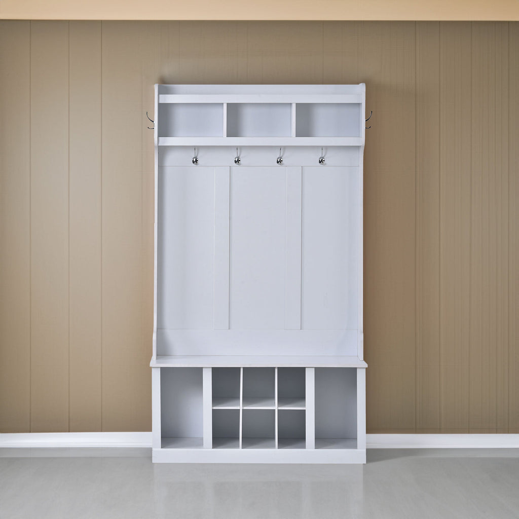 U-Can Hall Tree with 6 Hooks  Coat Hanger Entryway Bench Storage Bench (White)