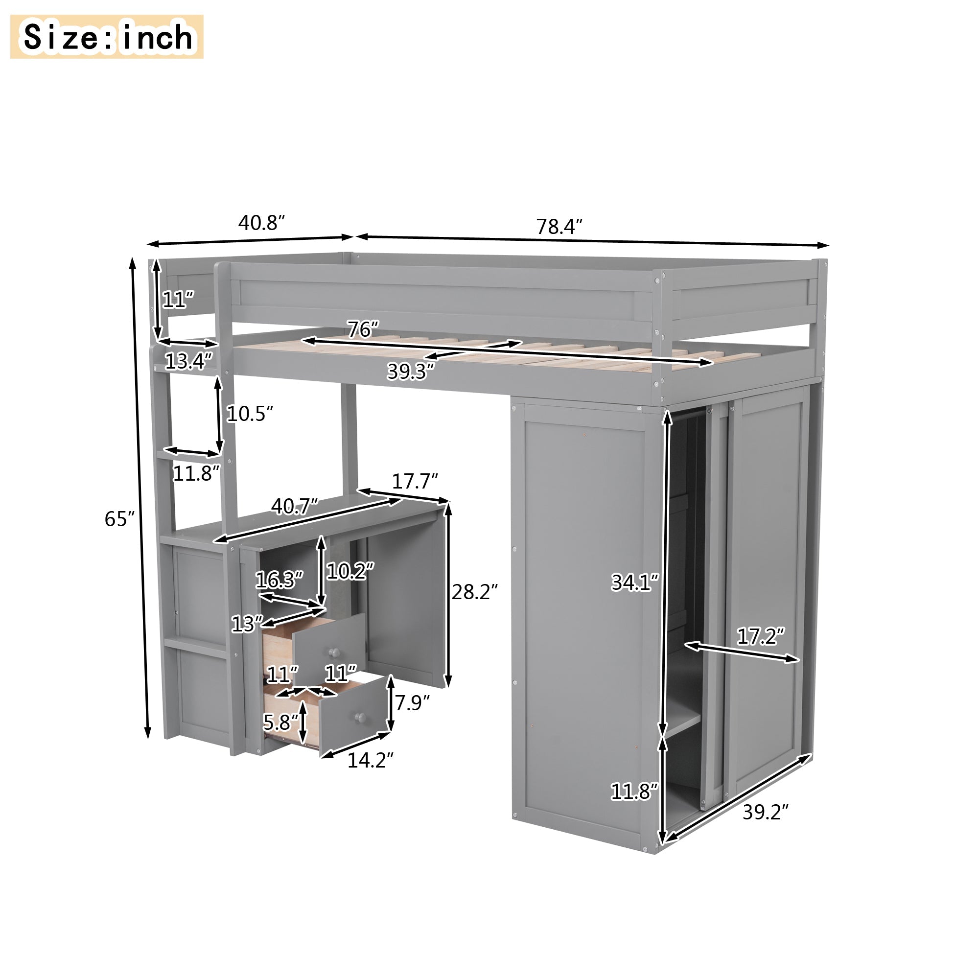 Wood Twin Size Loft Bed with Wardrobes and 2-Drawer Desk with Cabinet Gray