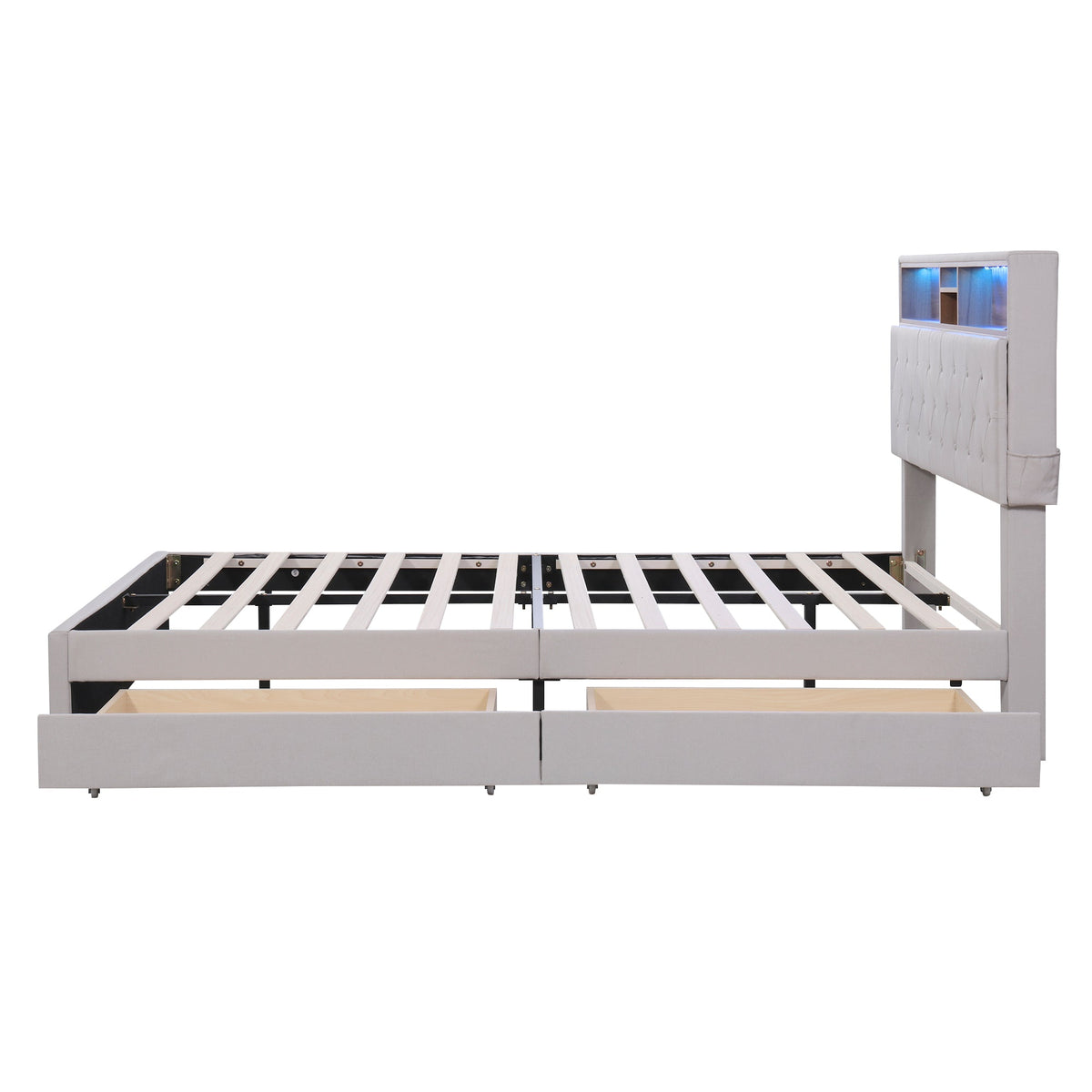 Queen Size Upholstered Platform Bed with Storage Headboard  LED  USB Charging and 2 Drawers  Beige