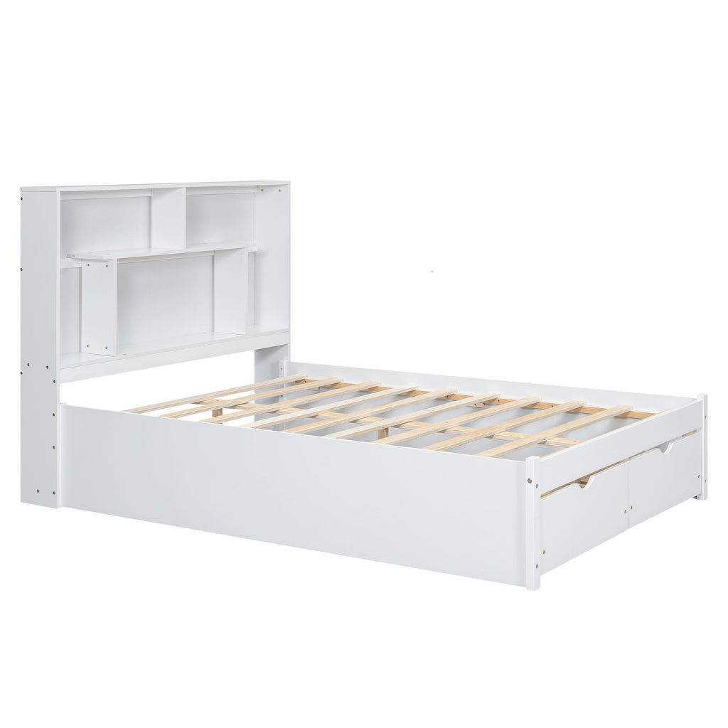 Full Size Platform Bed with Storage Headboard and 2 Drawers, White