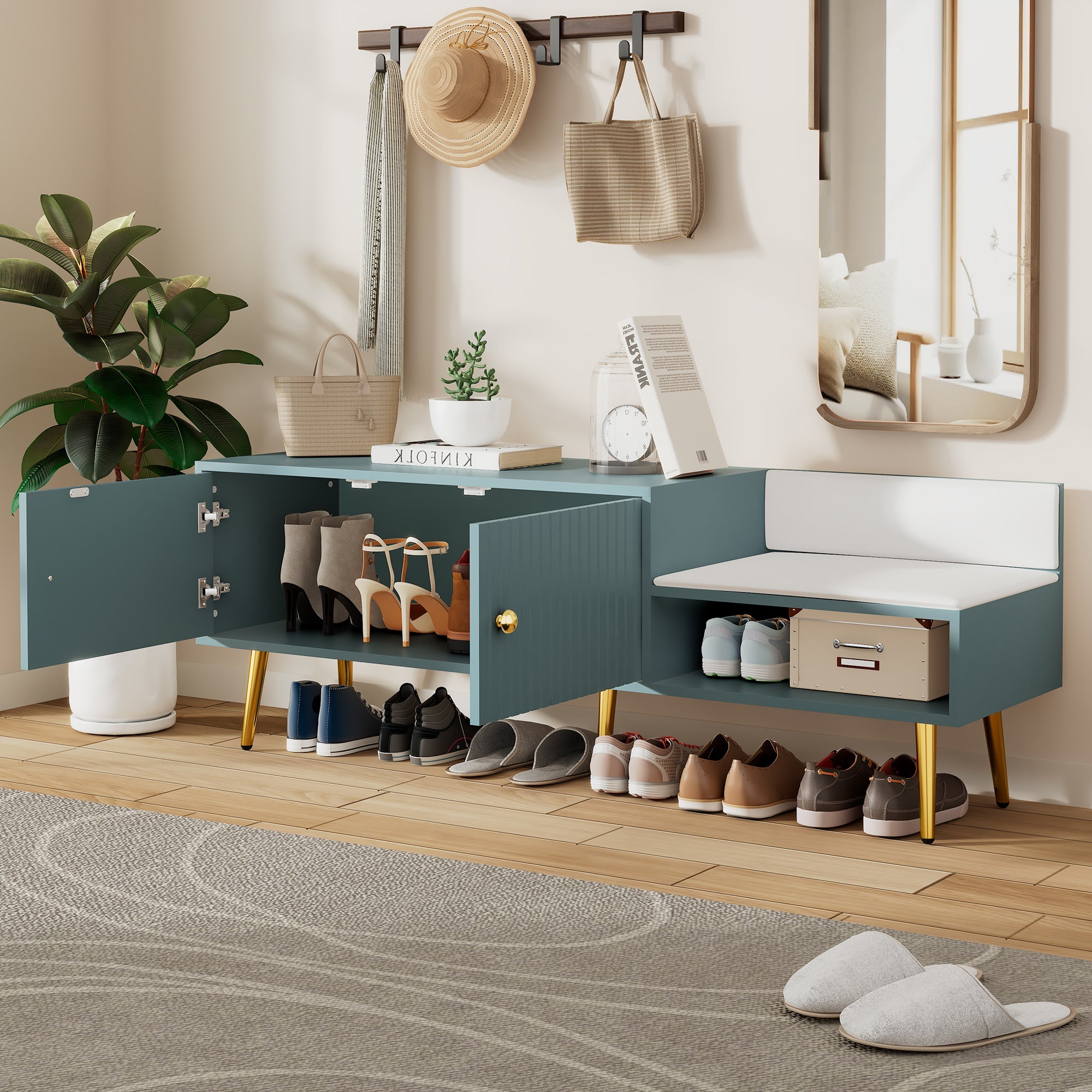 Modern Shoe Storage Bench with Hidden Storage and Upholstered Cushions for Bedside, Living Room and Entryway (Tiffany Blue)