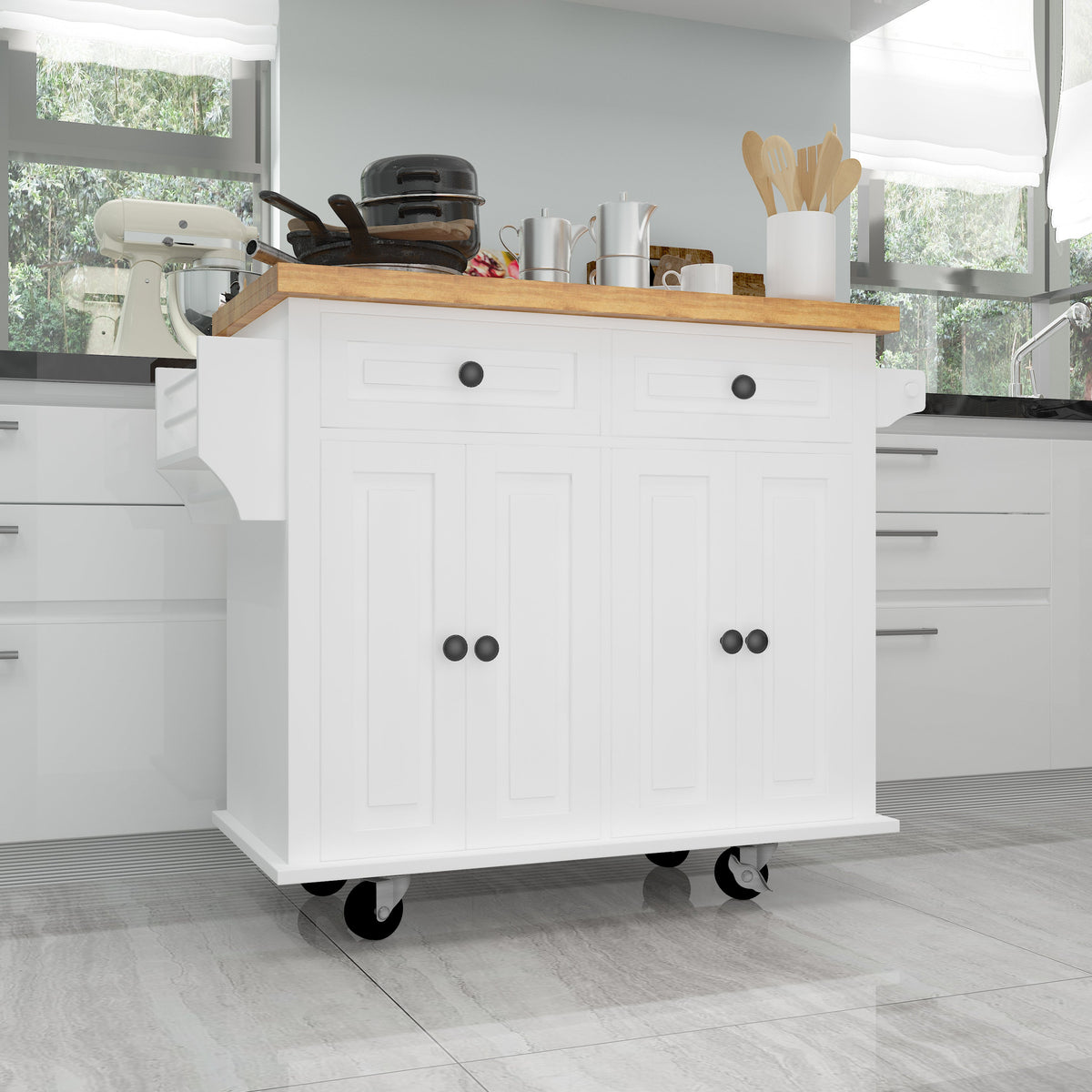 Kitchen Island Cart with Two Storage Cabinets and Two Locking Wheels 43.31 Inch Width 4 Door Cabinet and Two Drawers Spice Rack