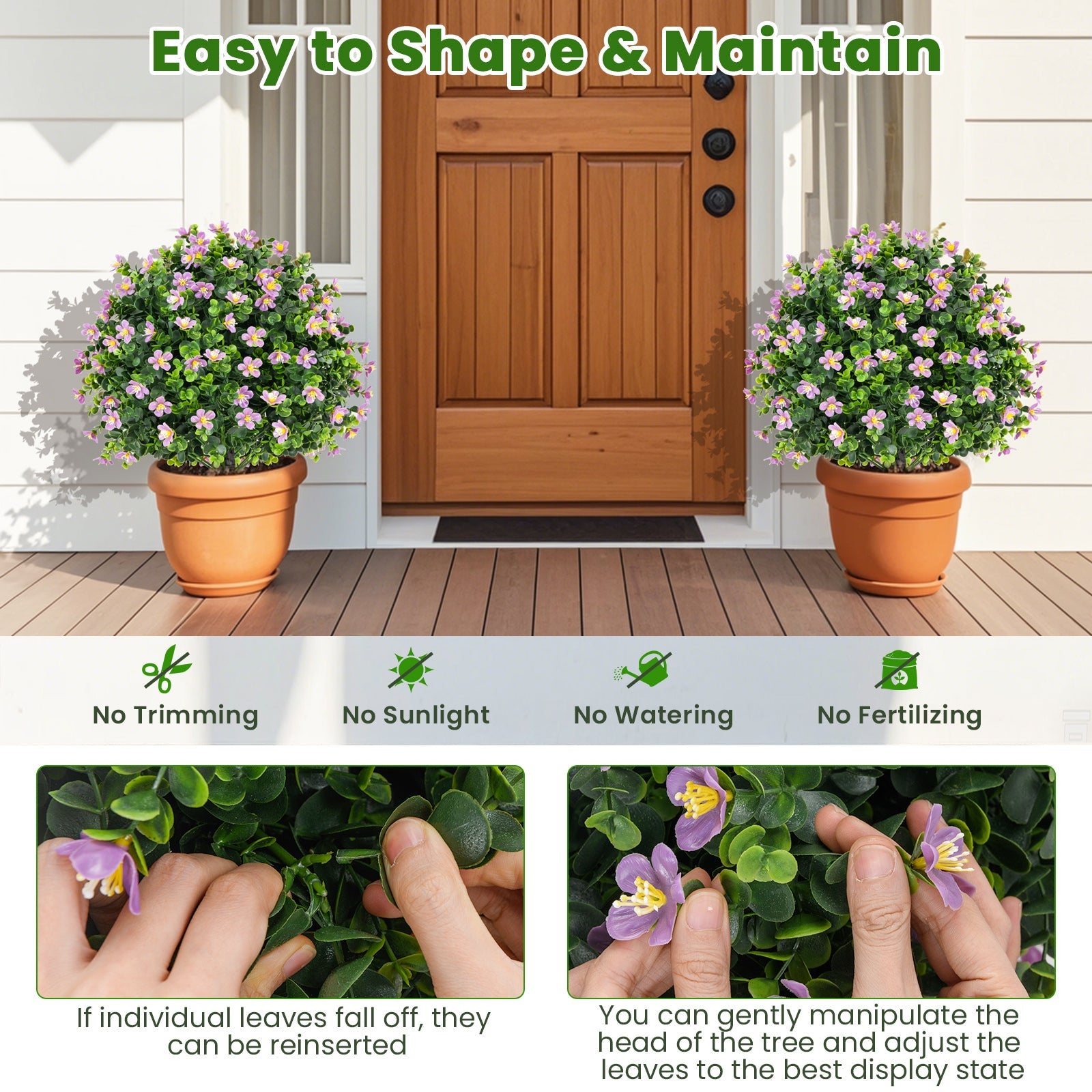 2 Pack Artificial Boxwood Topiary Ball Tree Faux Shrub Bushes with Flowers