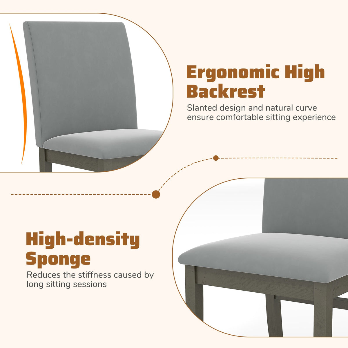Upholstered Dining Chairs Set of 2 with Rubber Wood Legs and High Back-Gray