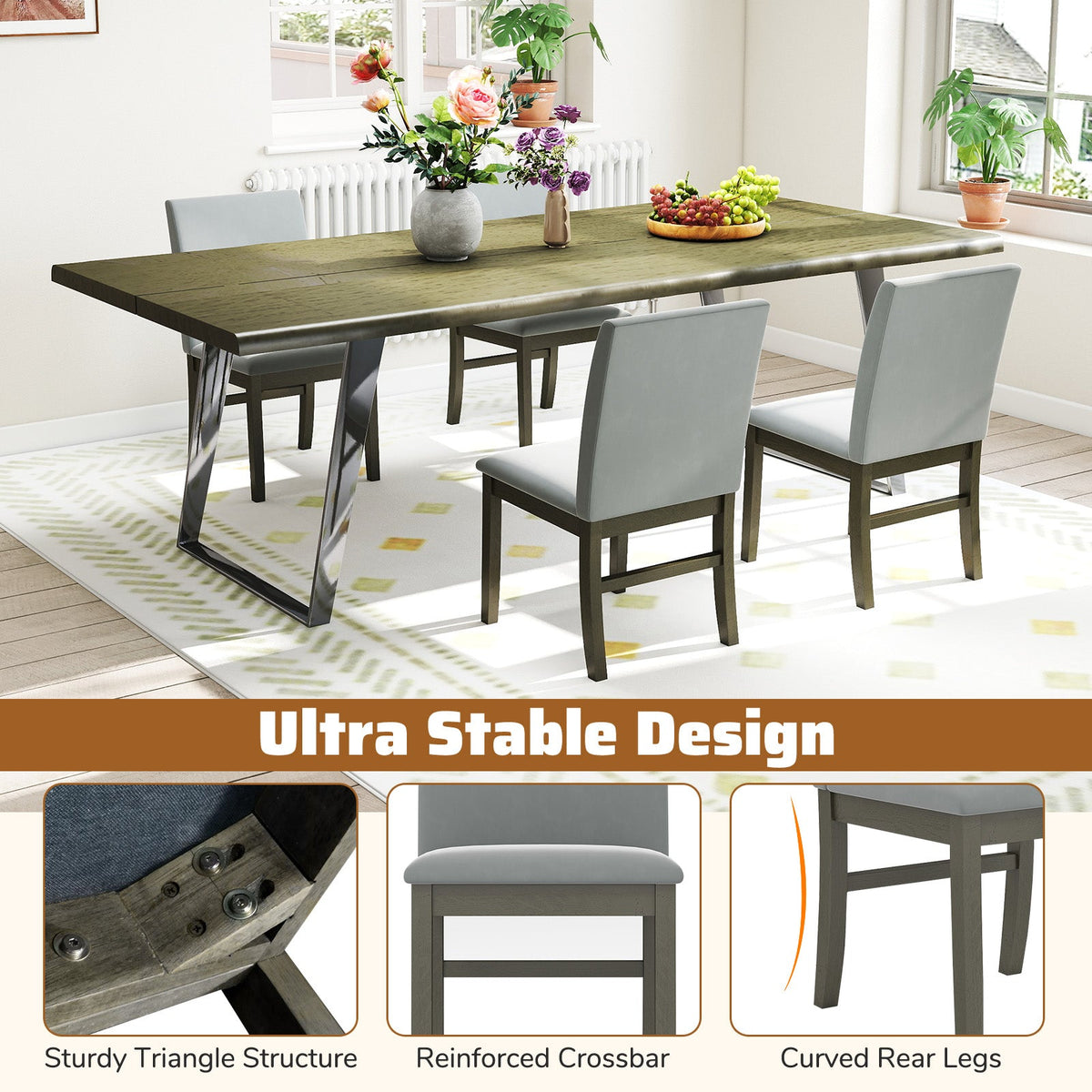 Upholstered Dining Chairs Set of 2 with Rubber Wood Legs and High Back-Gray