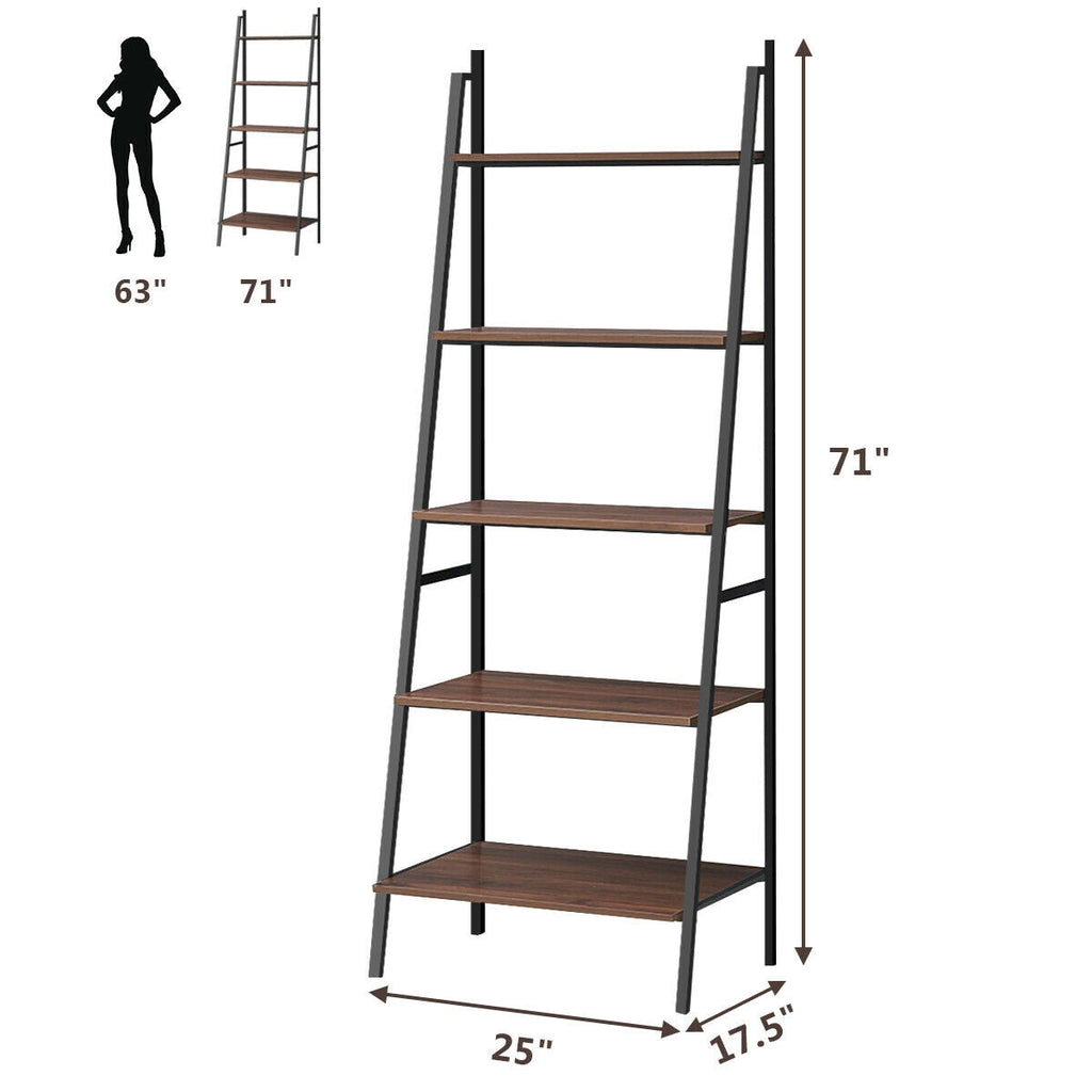 5 Tier Leaning Bookshelf Wood Metal Bookcase