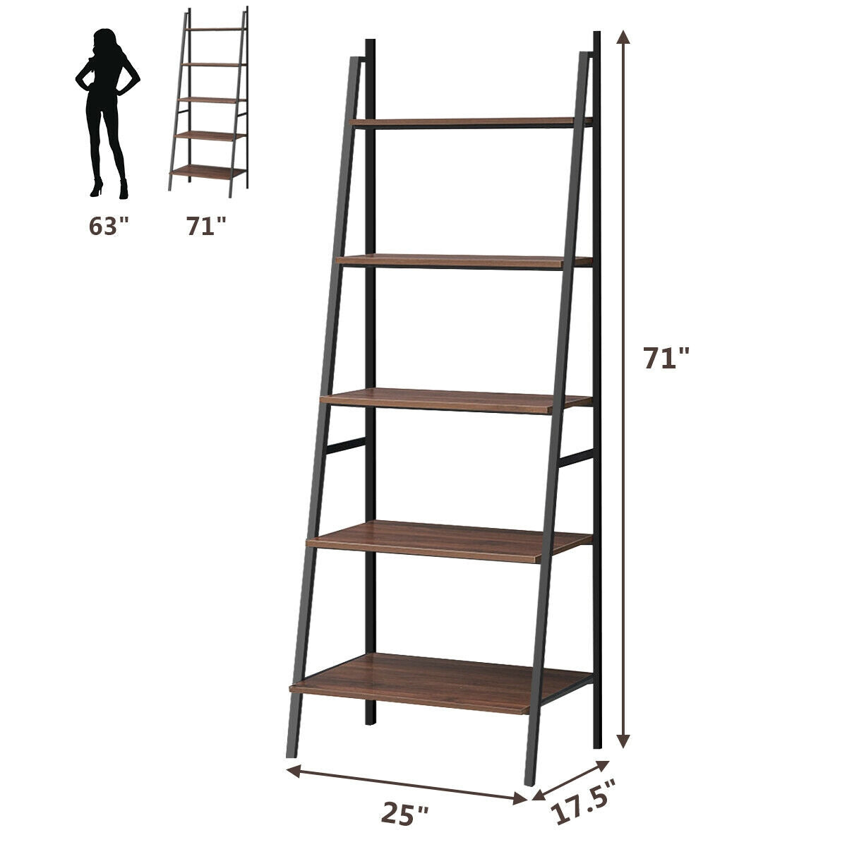 5 Tier Leaning Bookshelf Wood Metal Bookcase