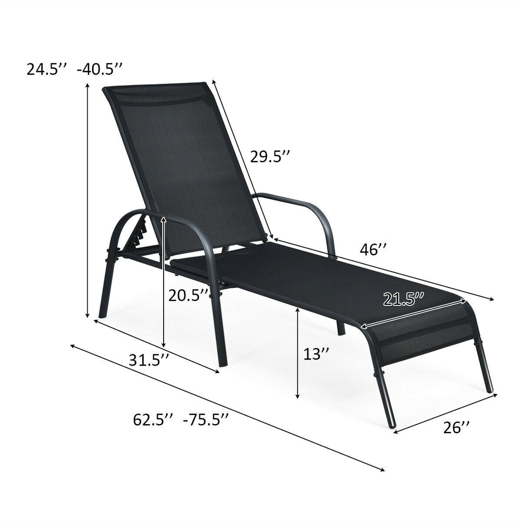 2 Pcs Outdoor Patio Lounge Chair Chaise Fabric with Adjustable Reclining Armrest-Brown
