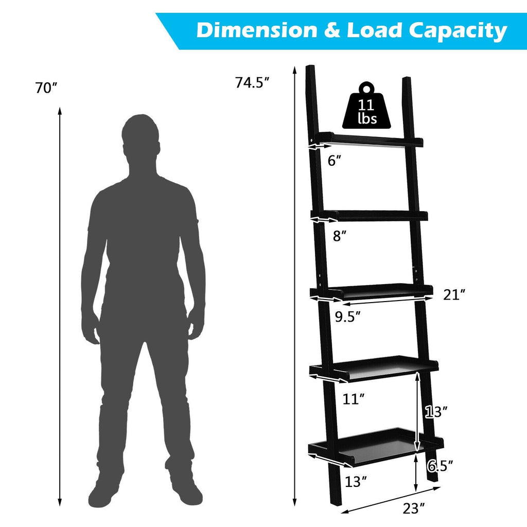 5-Tier Wall-leaning Ladder Shelf Display Rack for Plants and Books