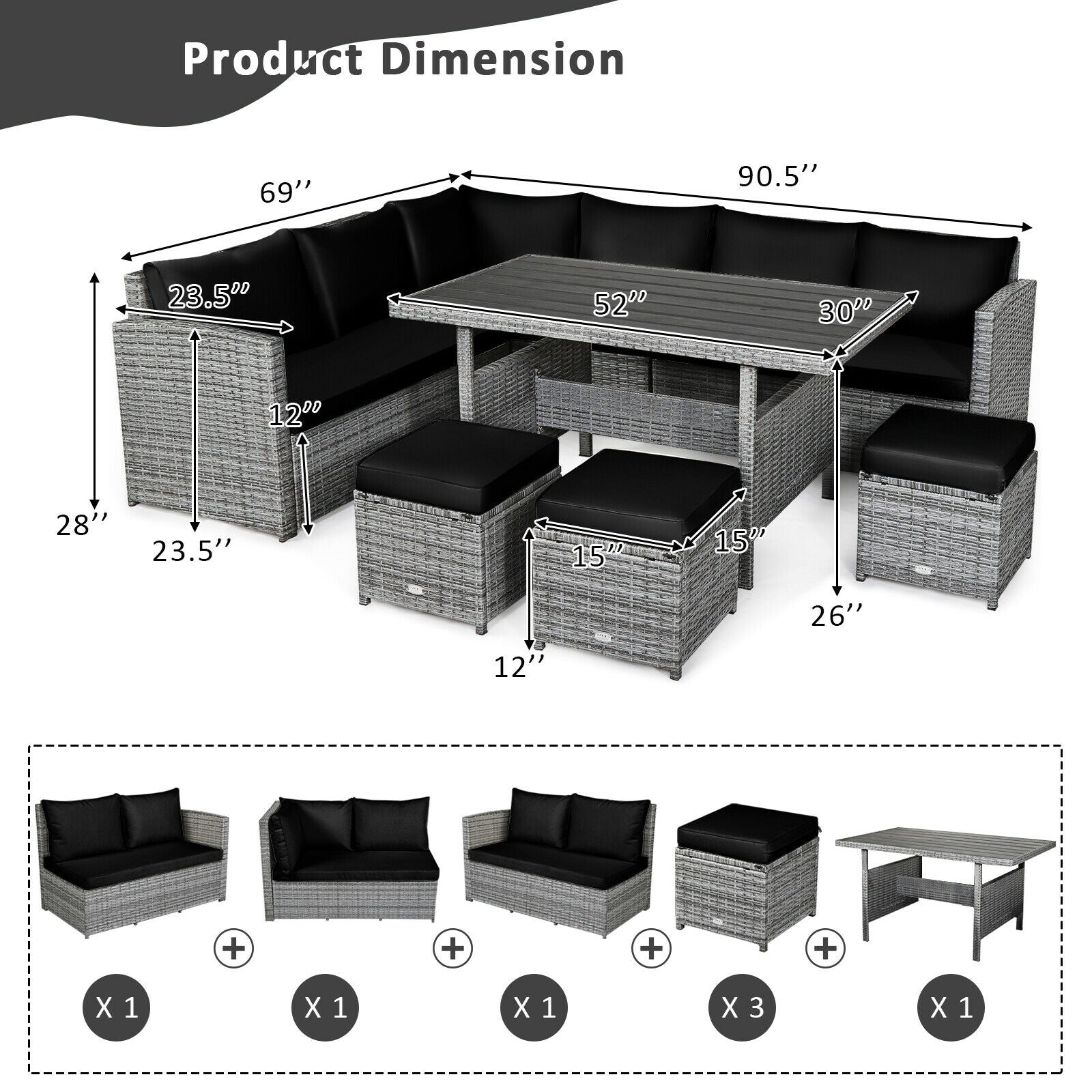 7 Pieces Patio Rattan Dining Furniture Sectional Sofa Set with Wicker Ottoman