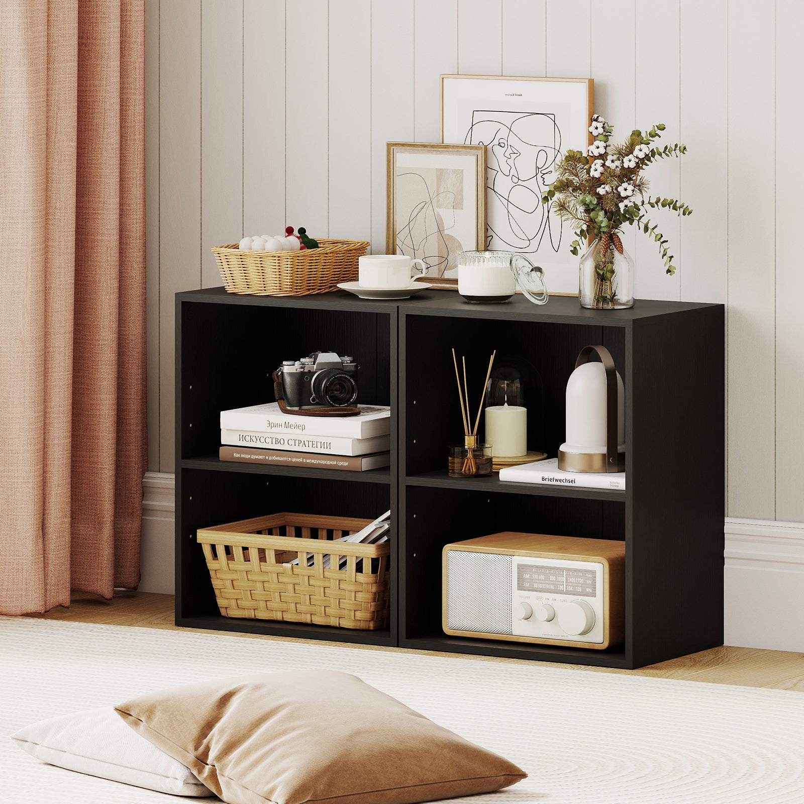 2-Cube Bookcase Set of 2 Floor Standing Open Bookshelf w/ 5-Position Adjustable Shelf