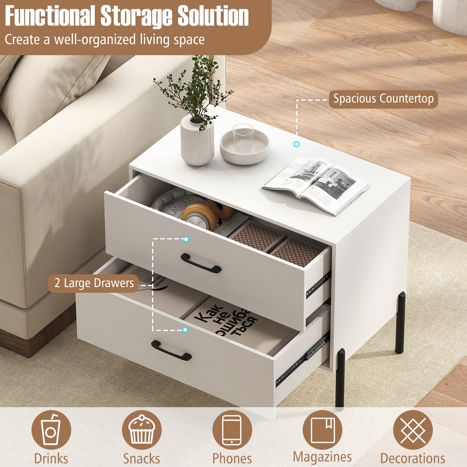 2-Drawer Dresser Modern Wooden Nightstand Set of 2-White