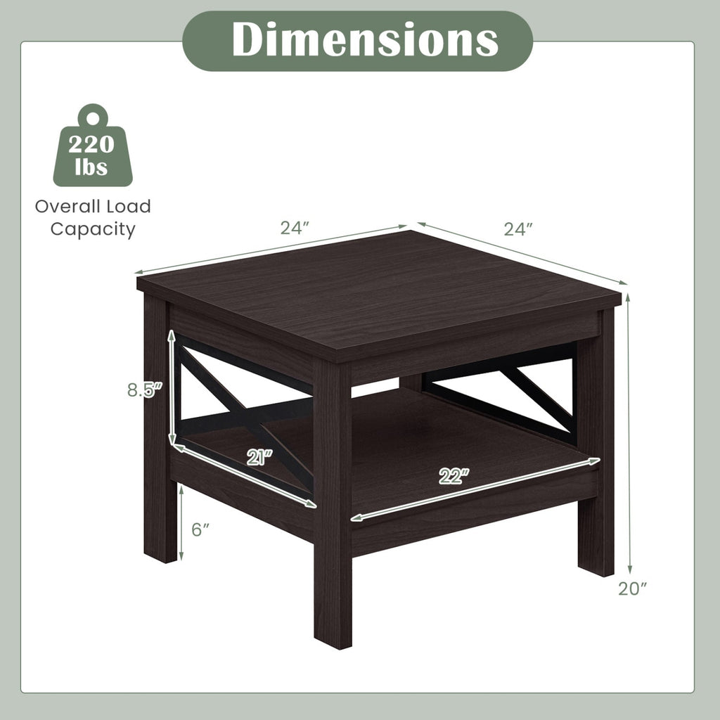 2-Tier Square Side Table with Storage Shelf and X-Frame for Bedroom Living Room