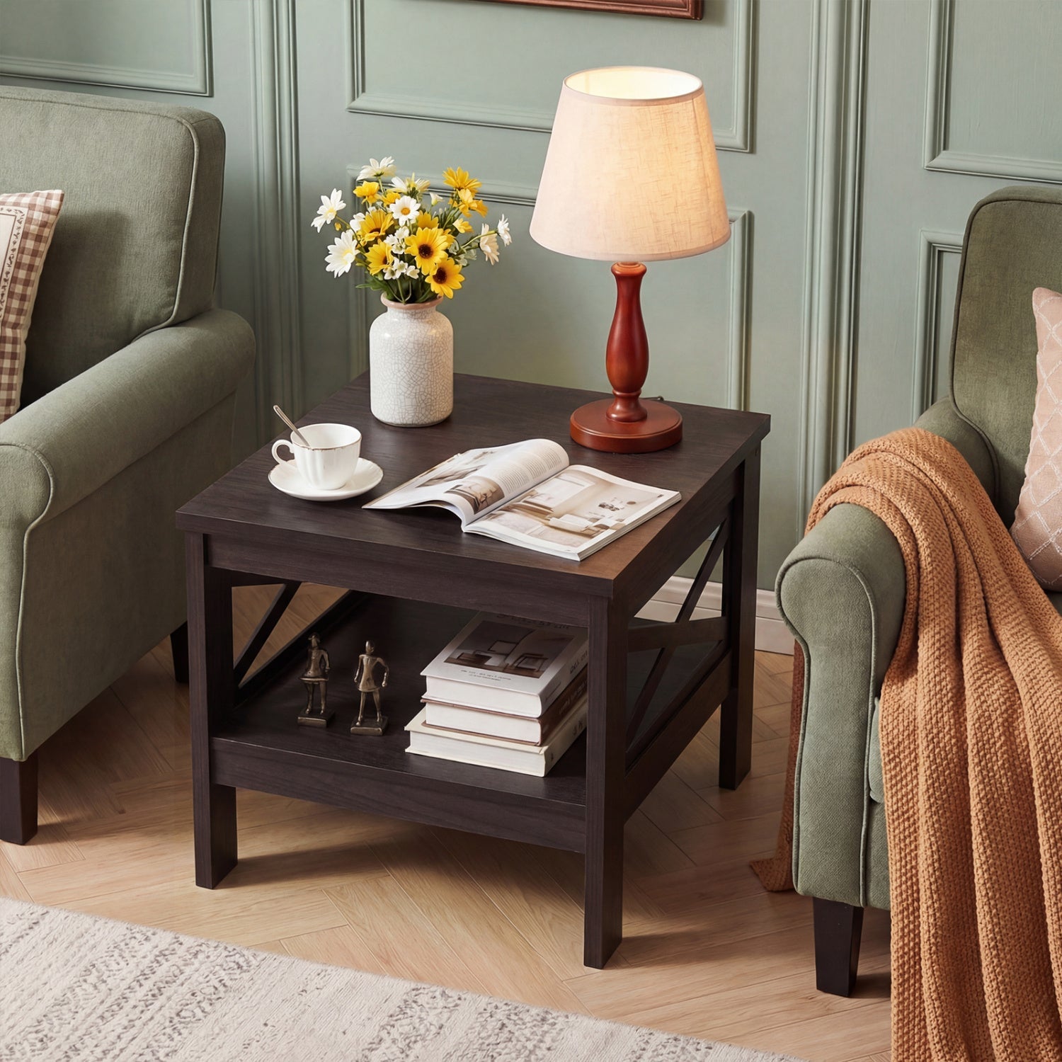 2-Tier Square Side Table with Storage Shelf and X-Frame for Bedroom Living Room
