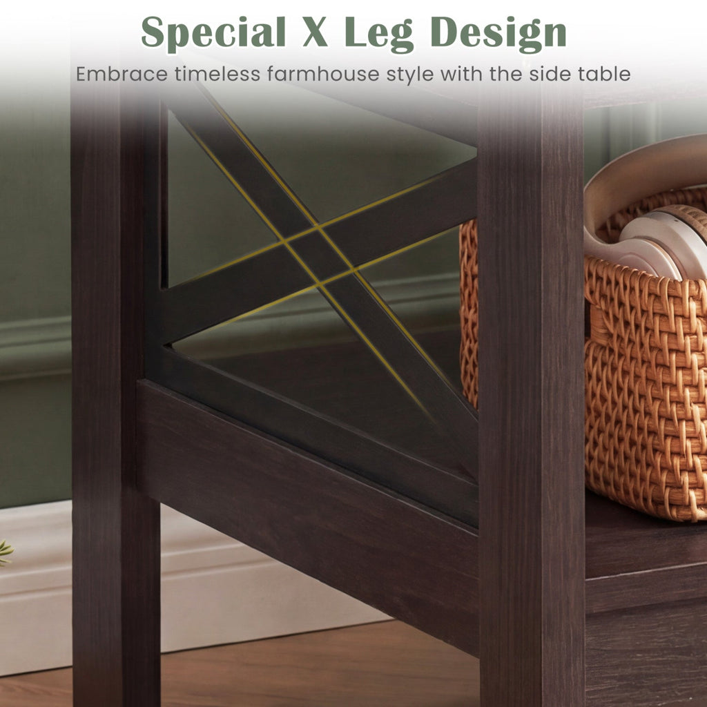 2-Tier Square Side Table with Storage Shelf and X-Frame for Bedroom Living Room