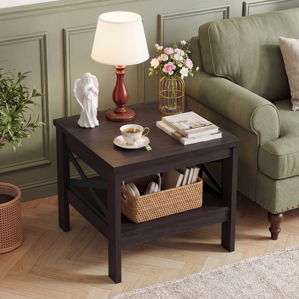 2-Tier Square Side Table with Storage Shelf and X-Frame for Bedroom Living Room