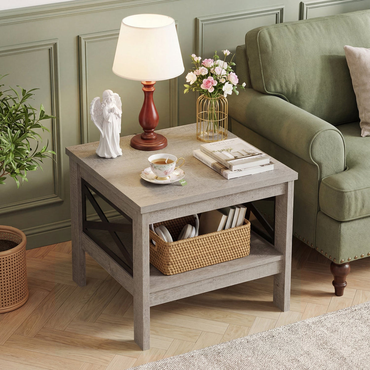 2-Tier Square Side Table with Storage Shelf and X-Frame for Bedroom Living Room