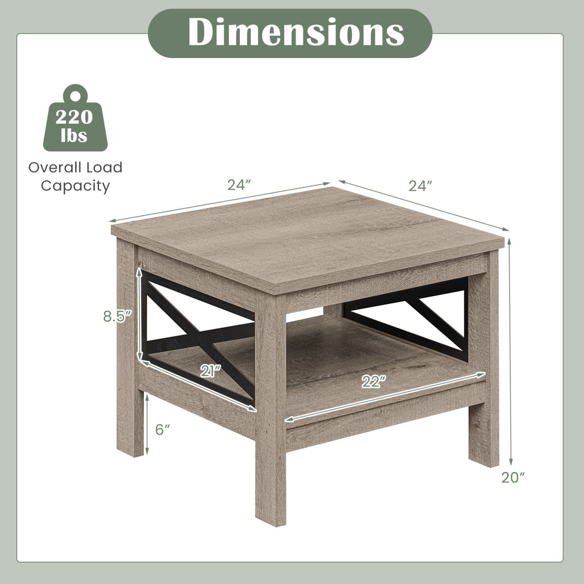 2-Tier Square Side Table with Storage Shelf and X-Frame for Bedroom Living Room