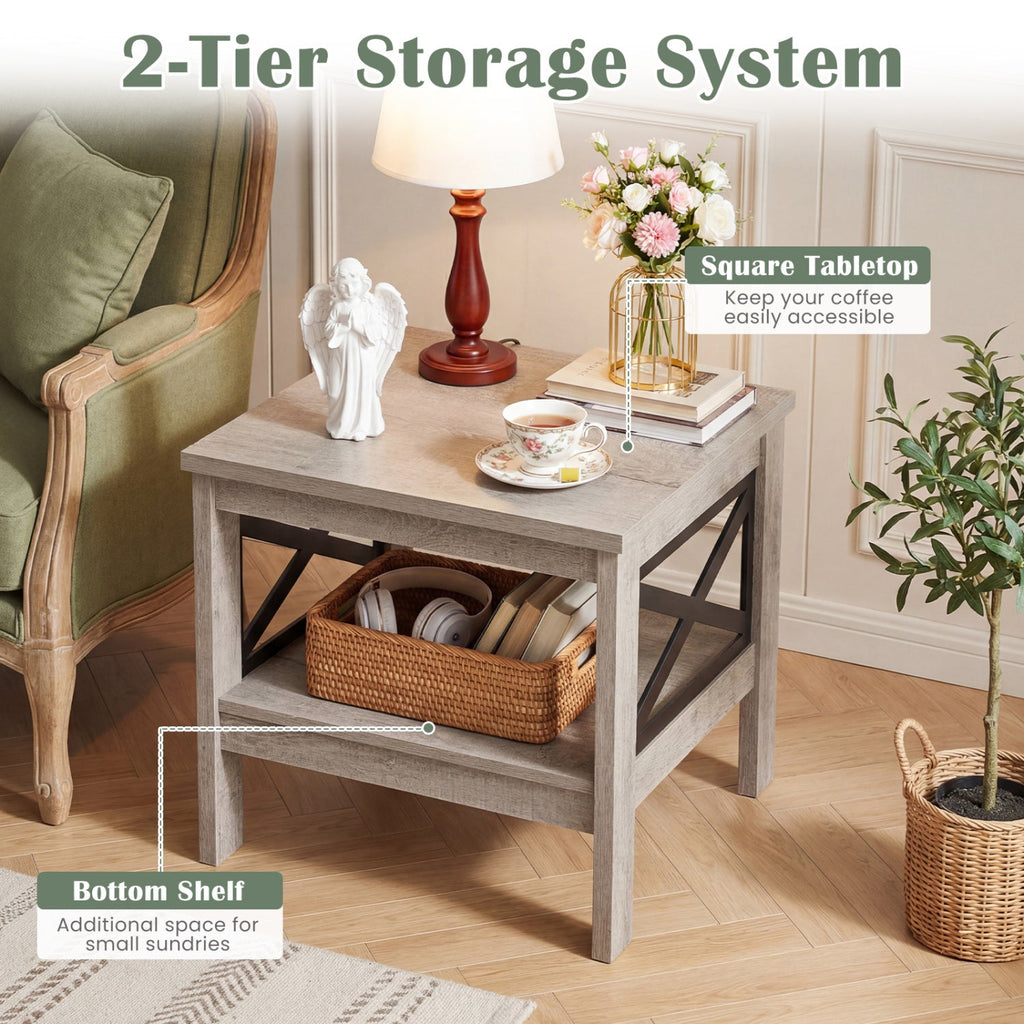 2-Tier Square Side Table with Storage Shelf and X-Frame for Bedroom Living Room
