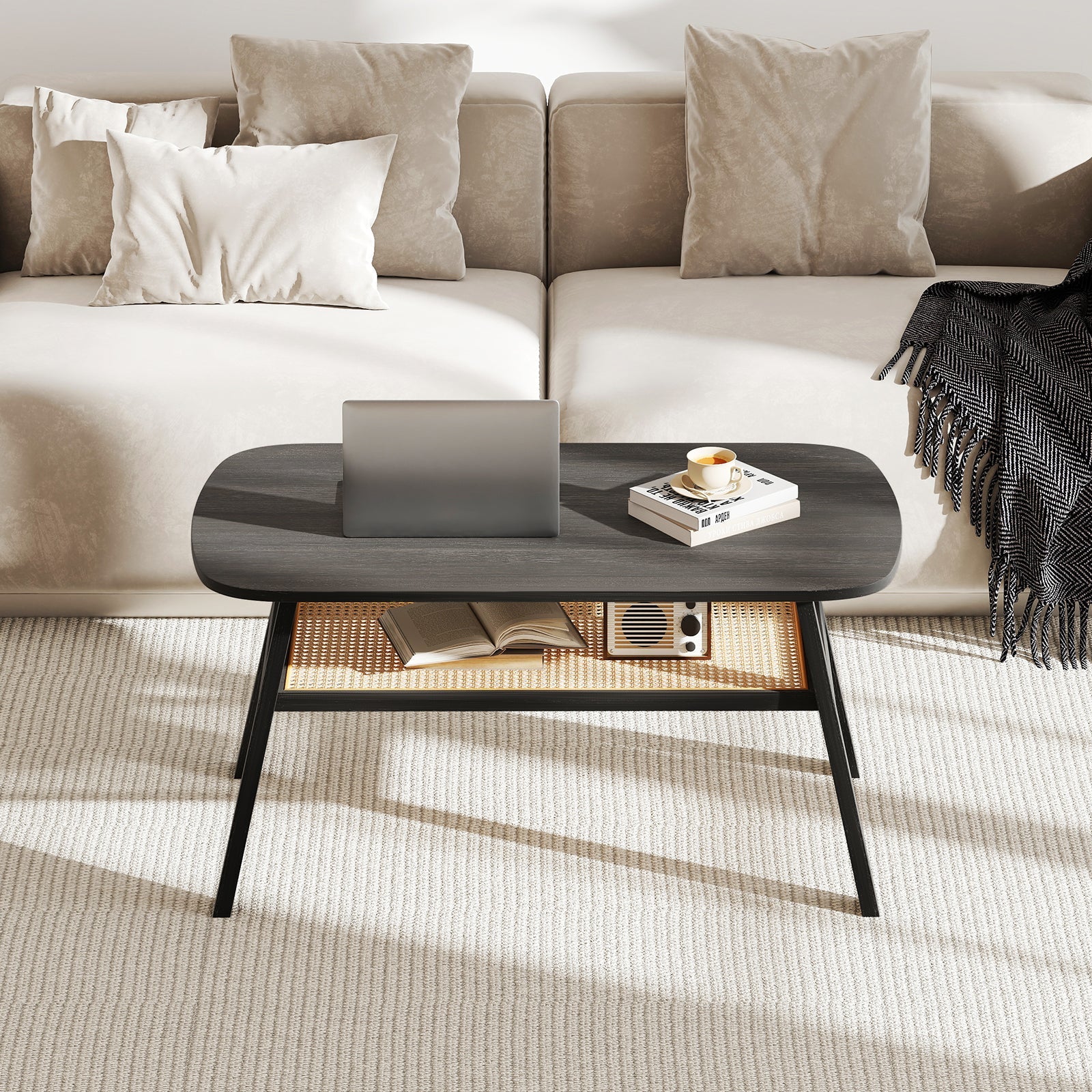 2-Tier Rectangular Center Coffee Table with Rattan Storage Shelf and Rubber Wood Legs-Dark Gray