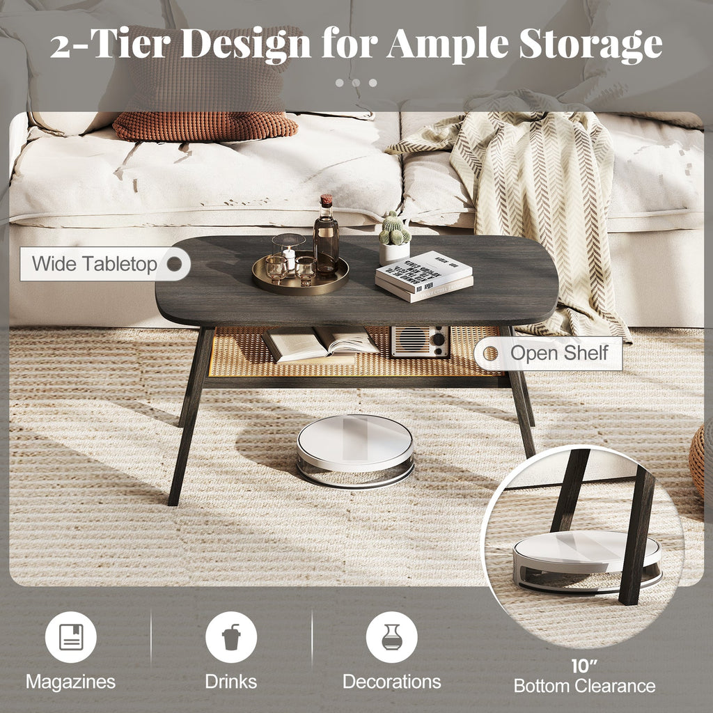 2-Tier Rectangular Center Coffee Table with Rattan Storage Shelf and Rubber Wood Legs-Dark Gray