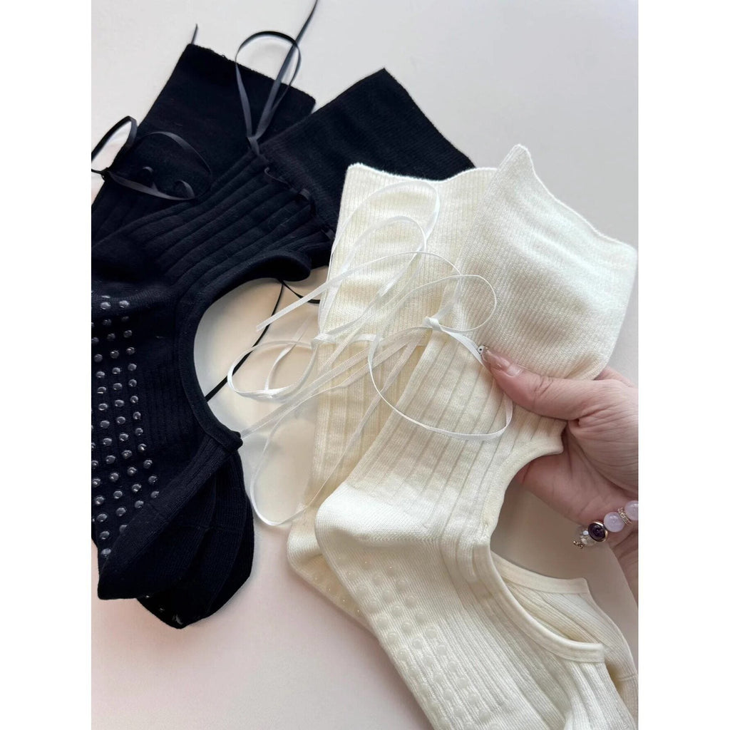 Ballet-style Backless Ribbon Yoga Socks With Silicone Non-slip Soles