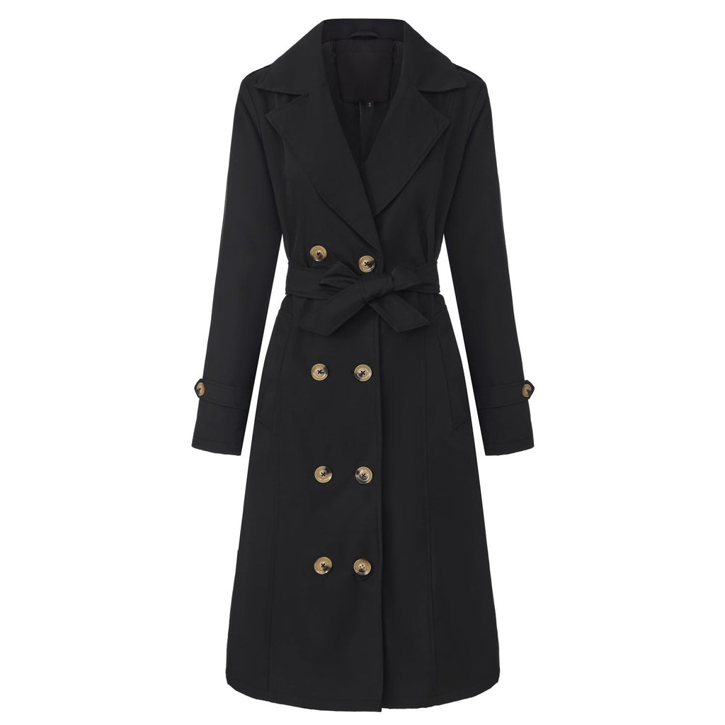 Casual Waist-cinching Long-length Elegant Womens Double-breasted Coat