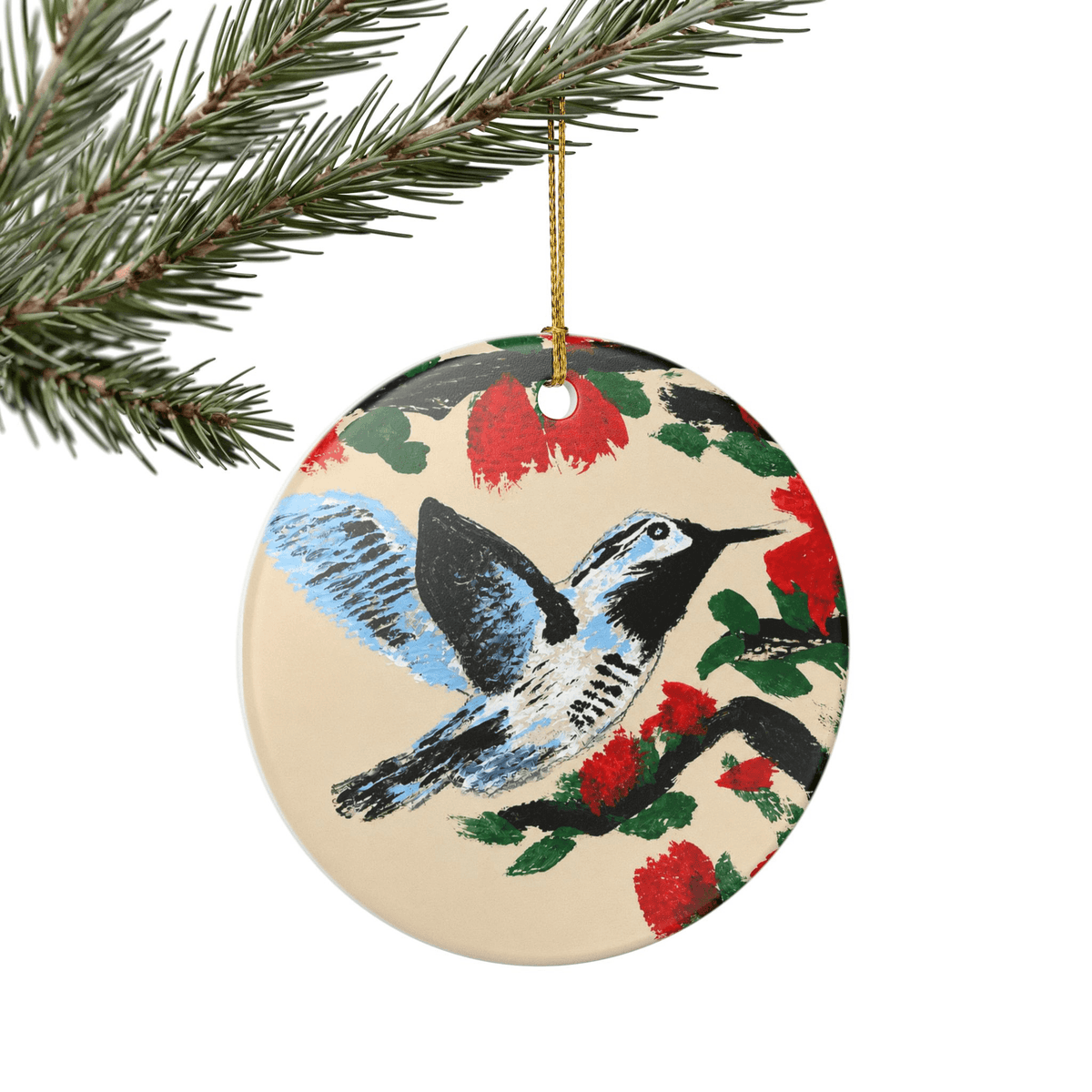 PimsArt Hummingbird Blossom Round Christmas Ornament From Original Painting