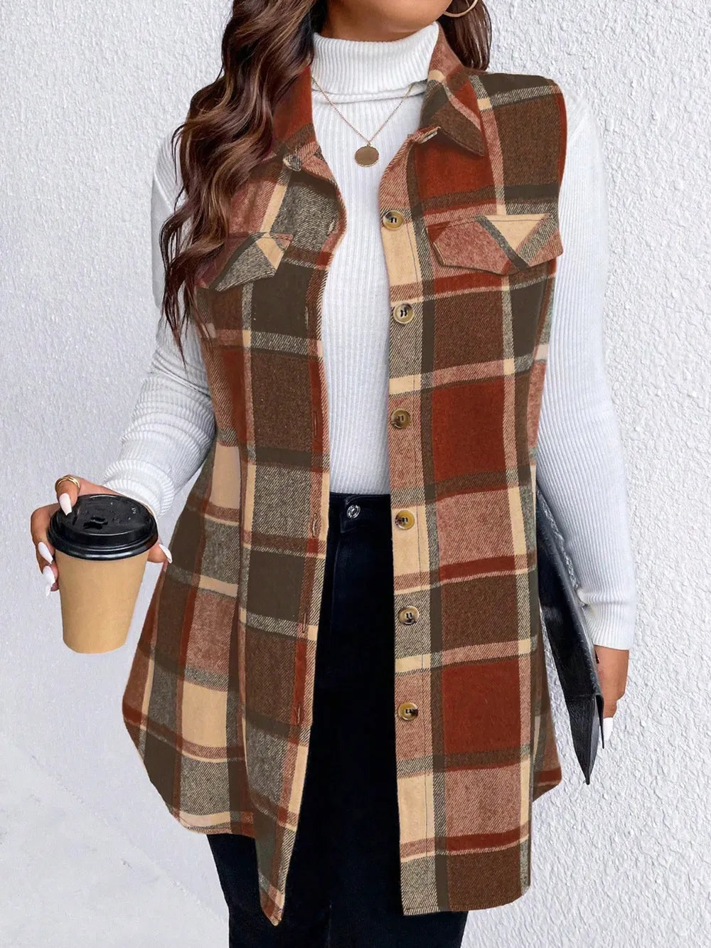 Pocketed Plaid Button Up Vest Coat