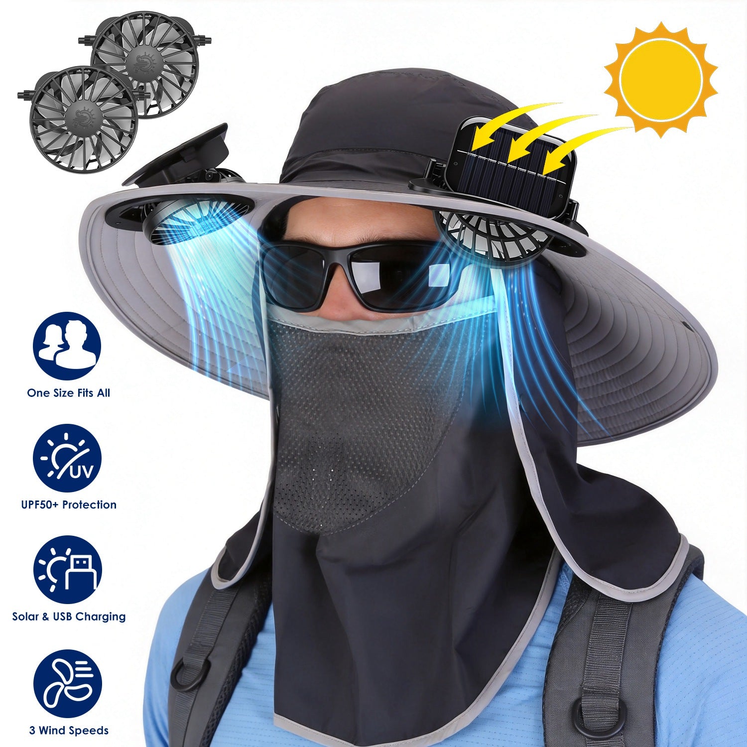 Solar Fan Hat with UPF50+ Sun Protection & Neck Flap