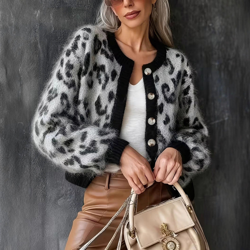 Casual Stylish Retro Leopard-print Contrast-color Jacquard Sweater